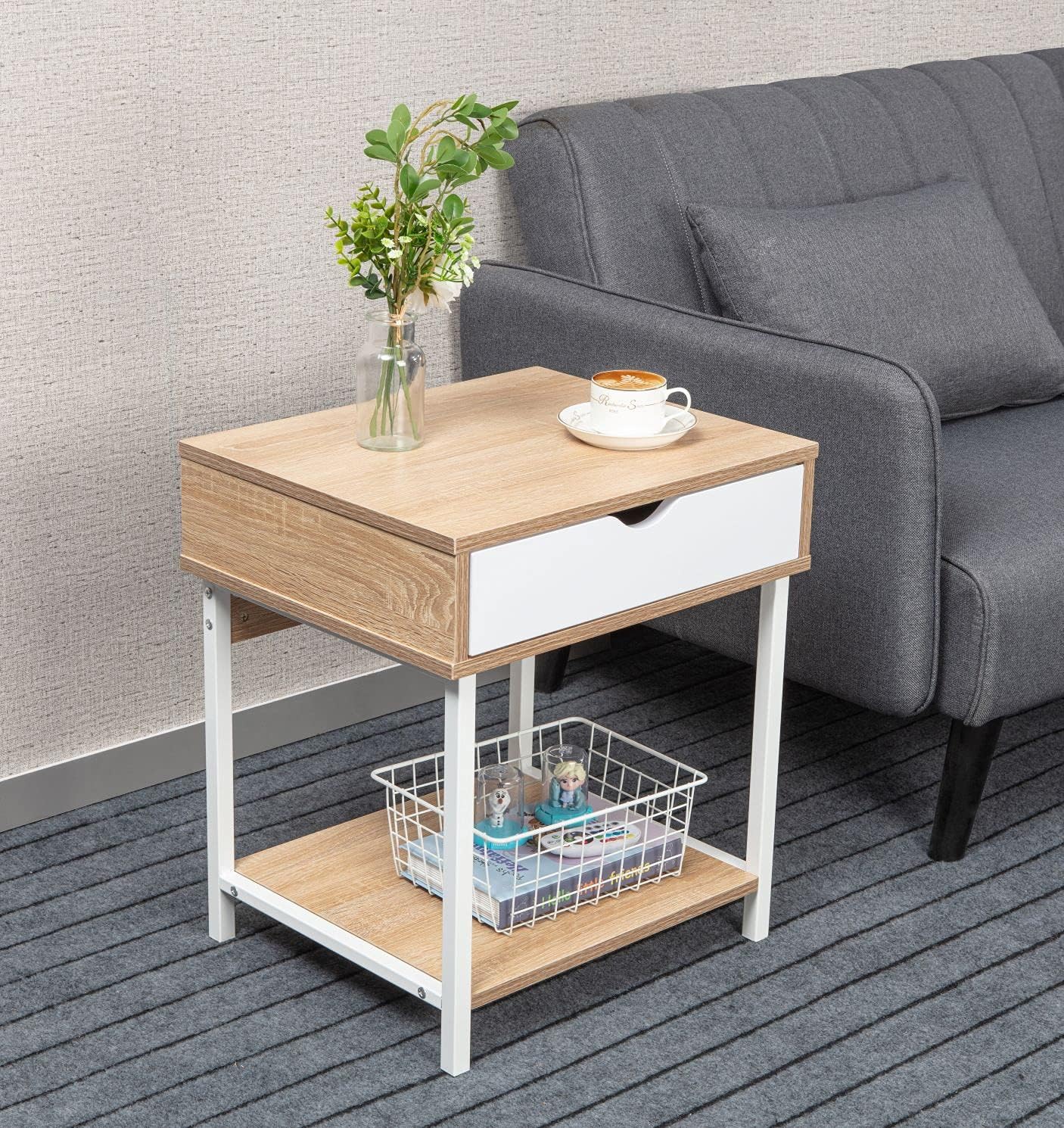 JJS Mesa auxiliar auxiliar, mesita de noche, mesita de noche con cajón y estantes de almacenamiento, mesa de sofá para sala de estar, dormitorio,