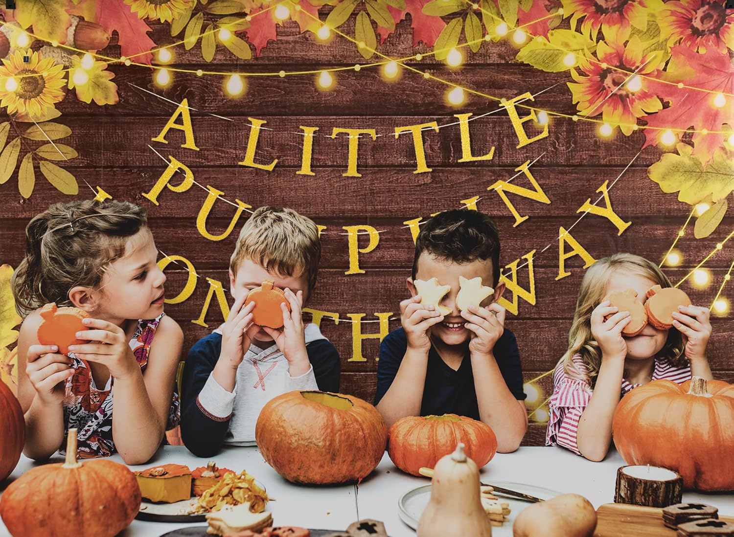 Funnytree A Little Pumpkin is on The Way – Kit de accesorios de decoración de baby shower, un telón de fondo de 5.9 x 3.6 pies, tarjetas, cinta,