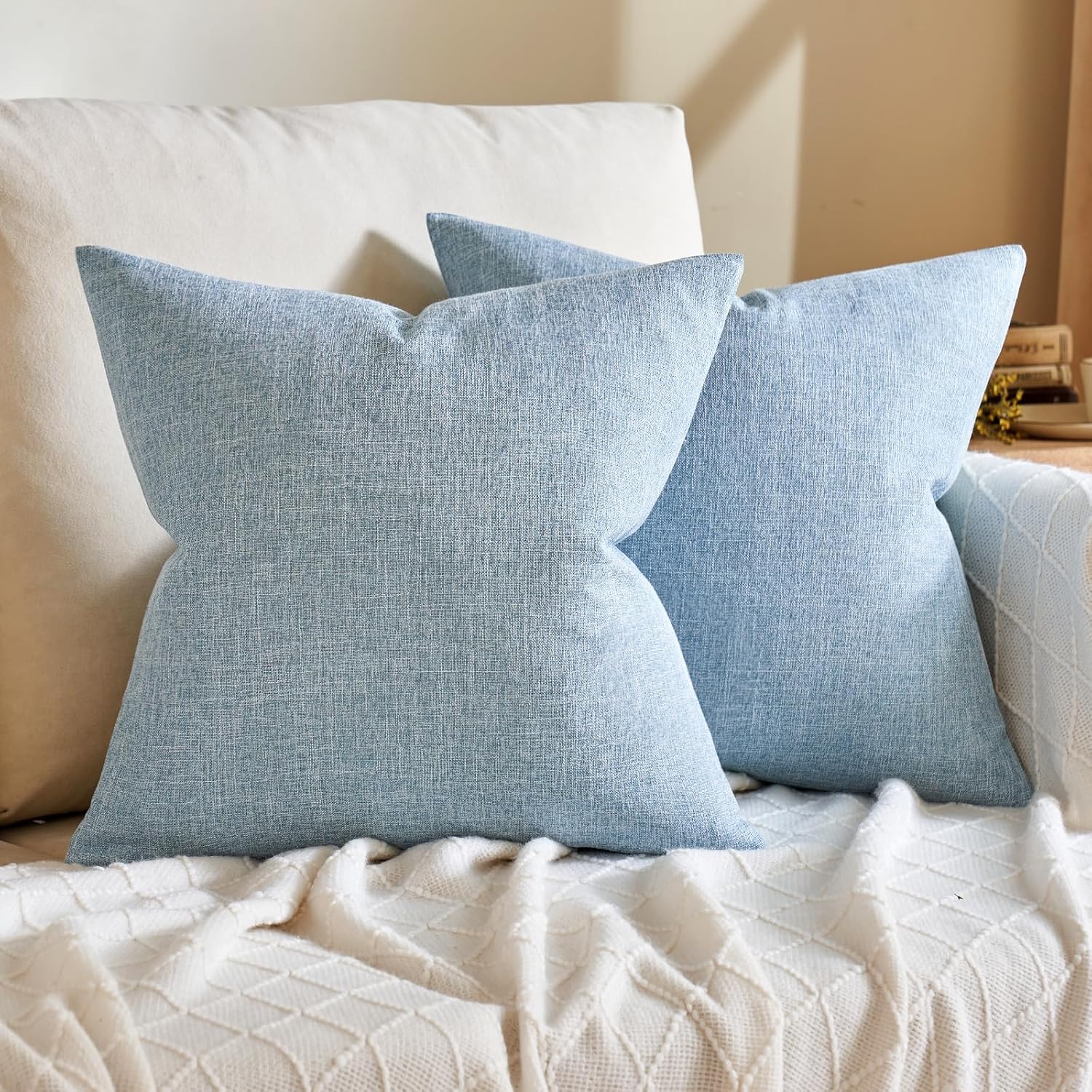 ANRODUO Paquete de 2 fundas de almohada decorativas de lino y arpillera, cuadradas, sólidas, para sofá, automóvil, 18 x 18 pulgadas, color azul claro