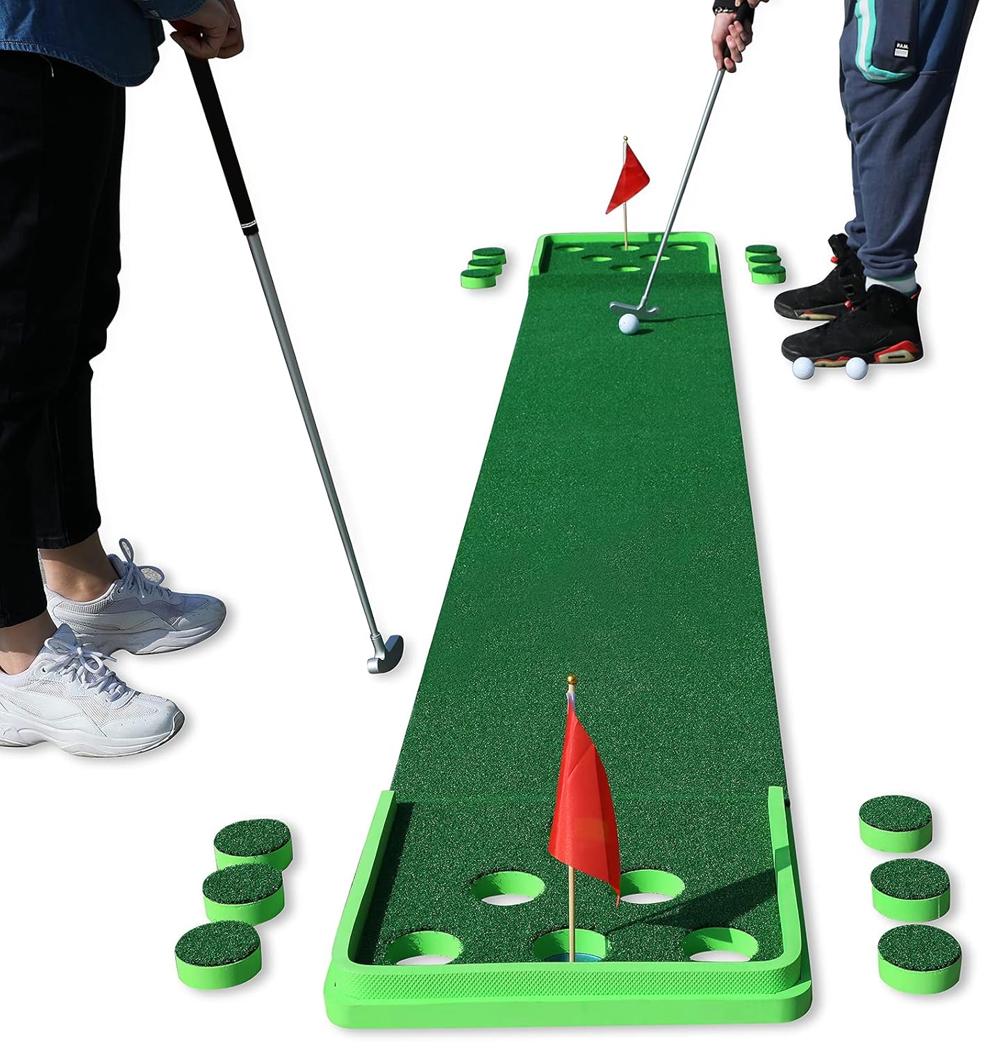 SPRAWL Juego de golf pong, tapete de golf para interiores y exteriores, putters de golf para poner verde, ayuda para entrenamiento de práctica,