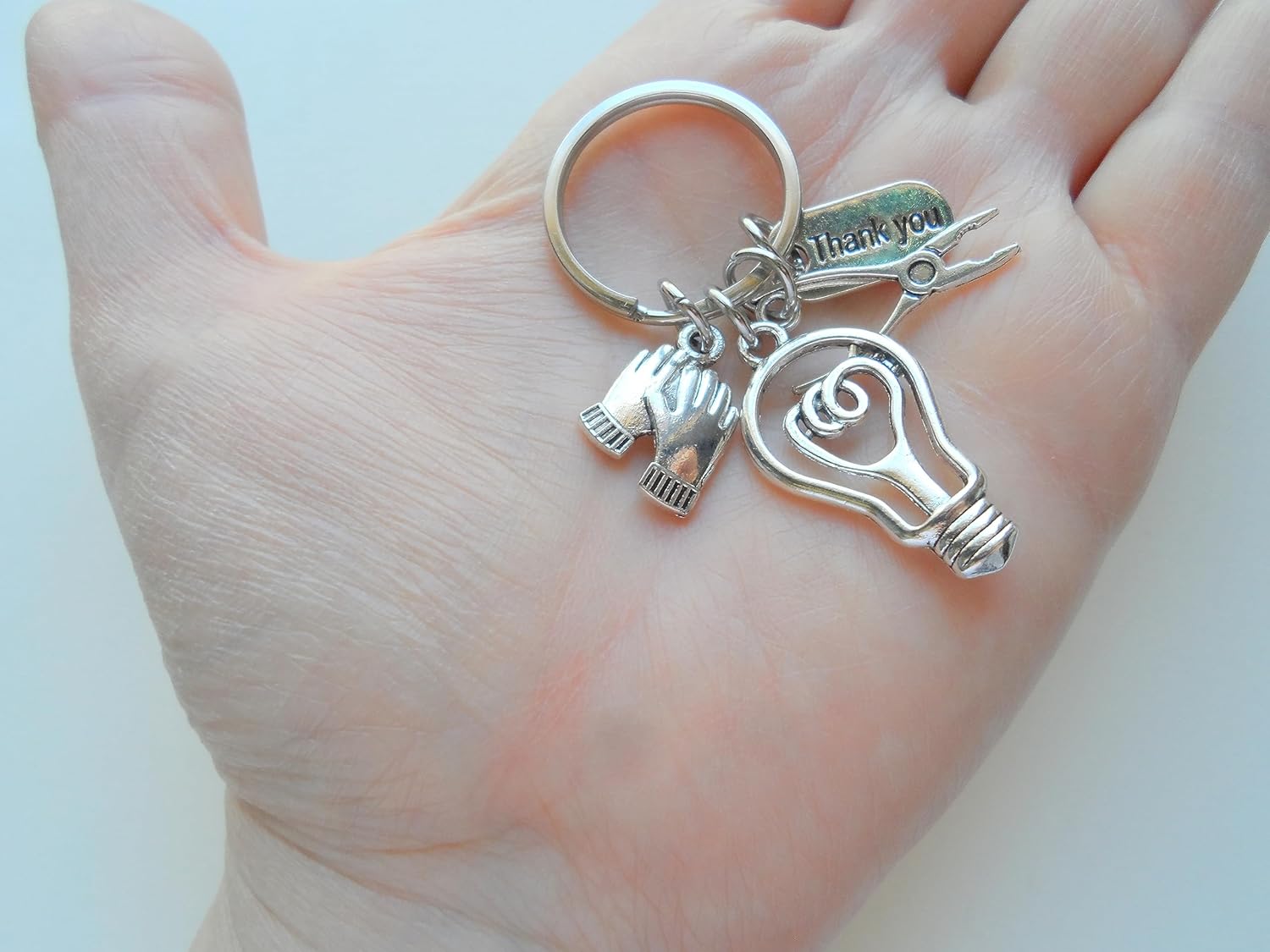 Electrician or Housekeeping Appreciation Keychain with Light Bulb, Pliers, Work Gloves & Thank You Charm, Employee Appreciation Keychain