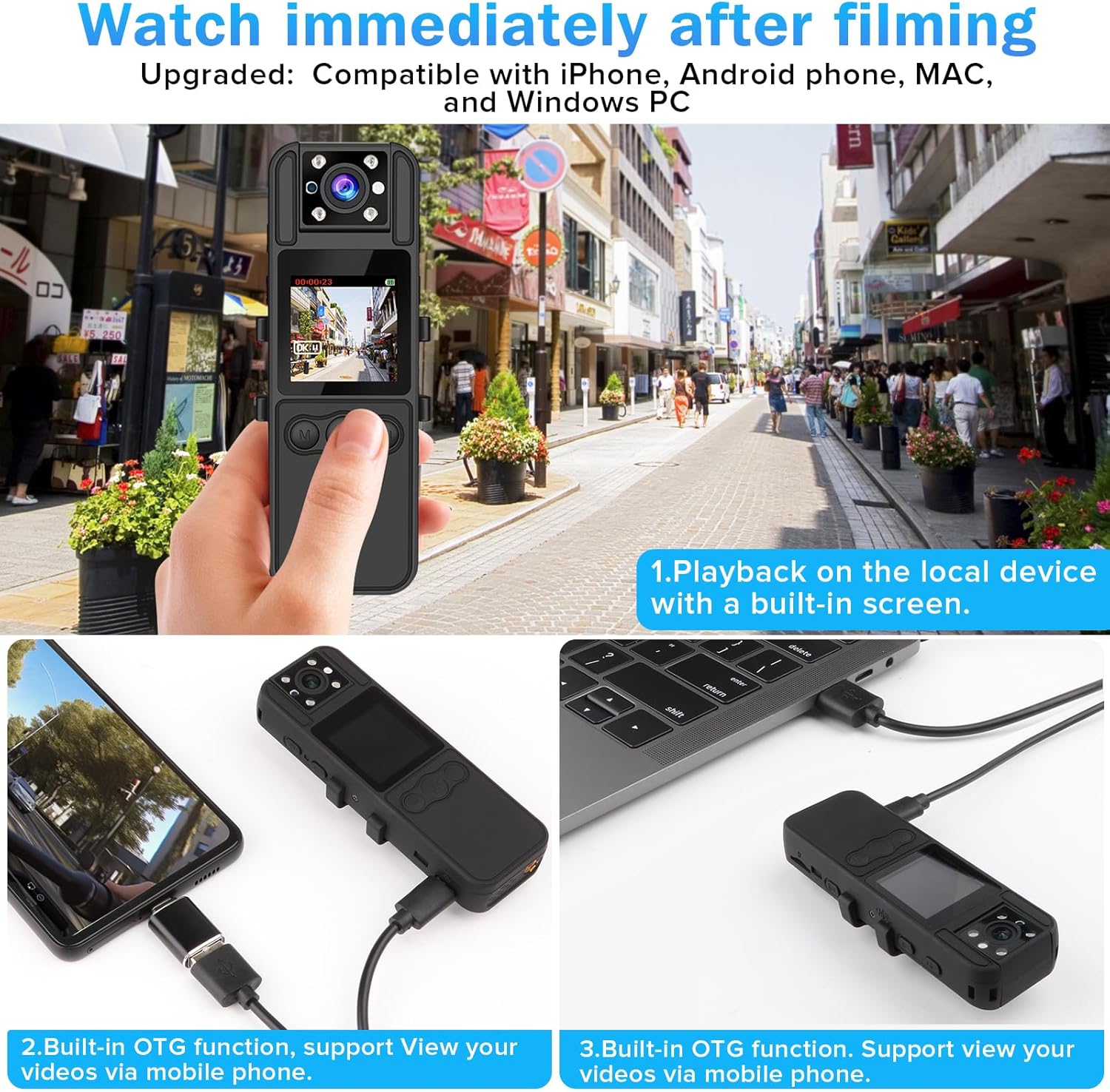 Sixmou Cámara corporal con grabación de audio y video, cámara corporal HD 1296P de 6 horas con lente giratoria de 180, visión nocturna, videocámara