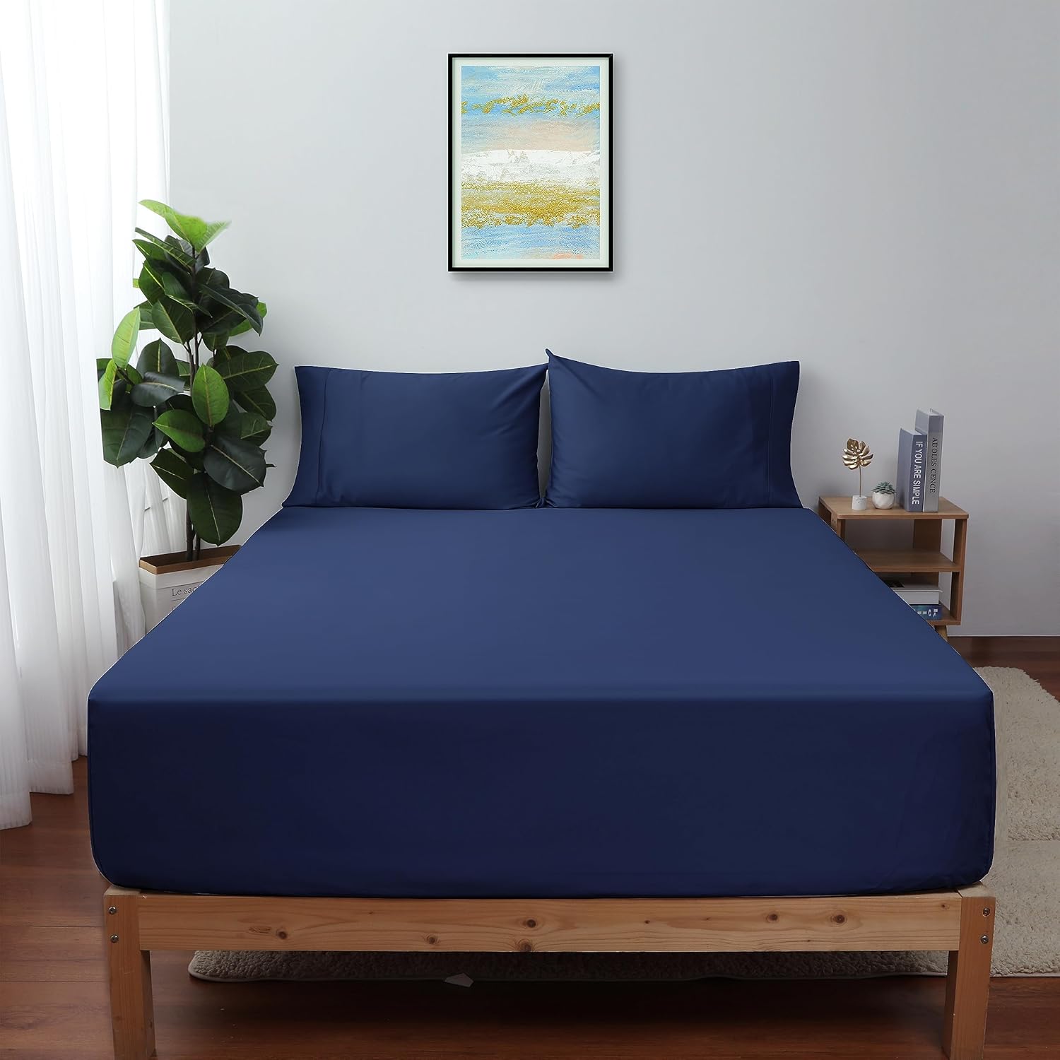 Sábana bajera ajustable de tamaño matrimonial, color azul marino, 600 hilos, 100% algodón egipcio, 1 sábana inferior, para colchón de 15 pulgadas de