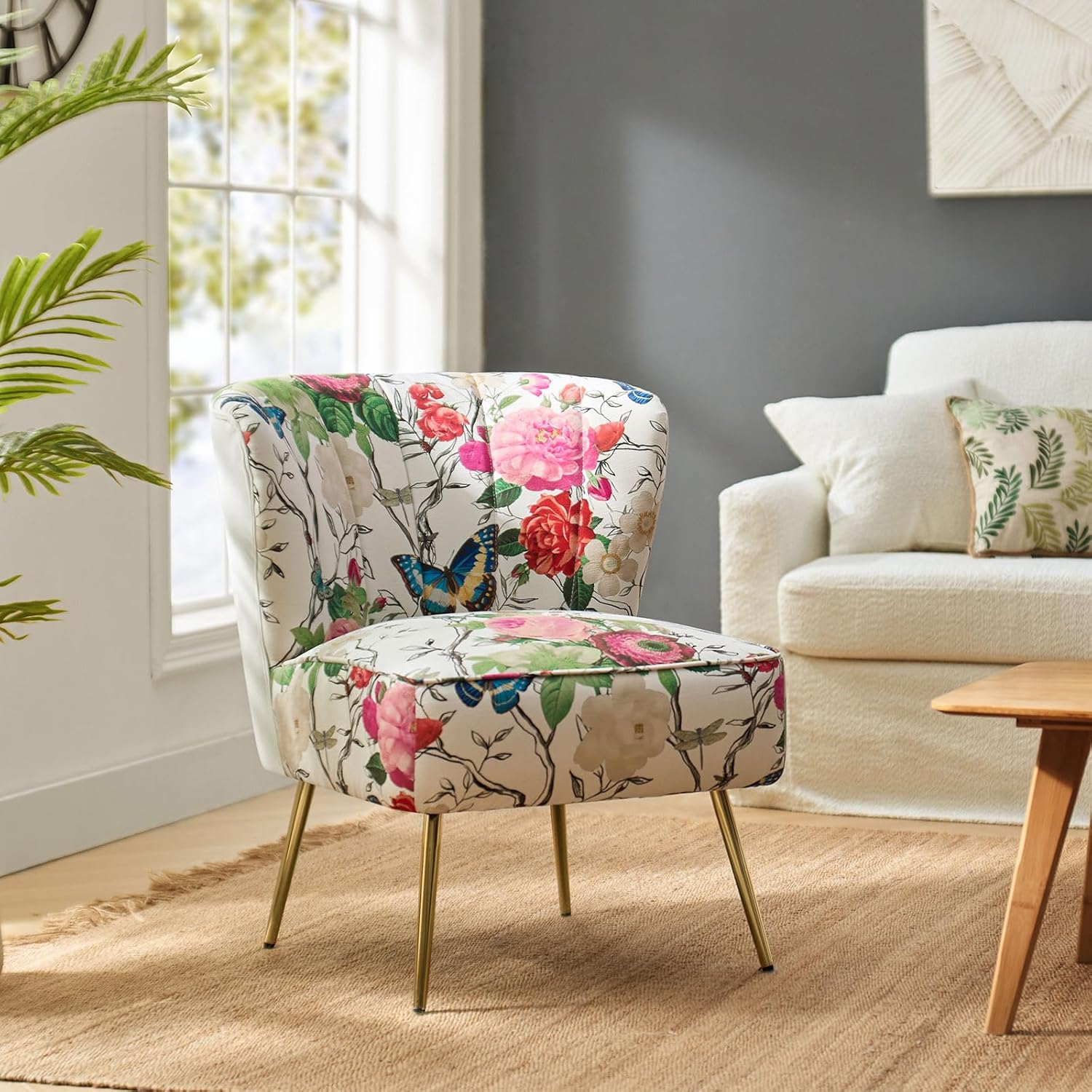 HULALA HOME Silla decorativa con patas de metal dorado, cómoda silla de sala de estar, silla lateral pequeña sin brazos de tela floral, silla