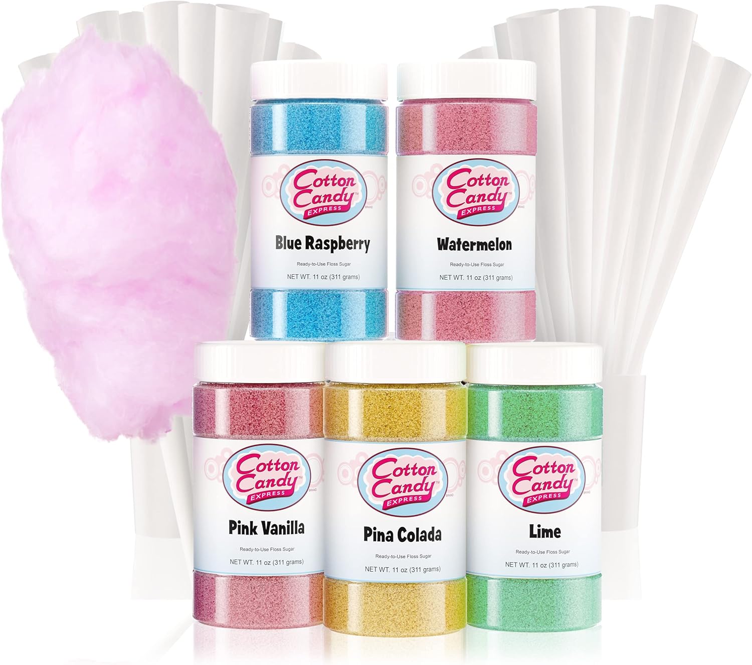 Cotton Candy Express Paquete variado de azúcar de hilo dental con 5 frascos de plástico de 11 onzas de lima, sandía, piña colada, frambuesa azul,