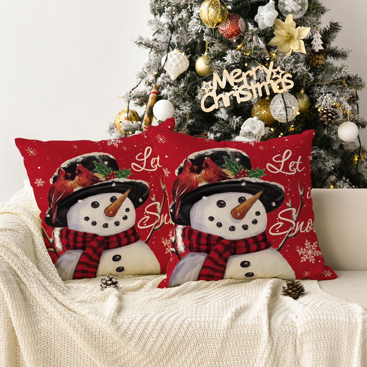 AVOIN colorlife Let it Snow – Juego de 2 fundas de almohada de Navidad de muñeco de nieve, 18 x 18 pulgadas, decoración de fundas de cojín para sofá