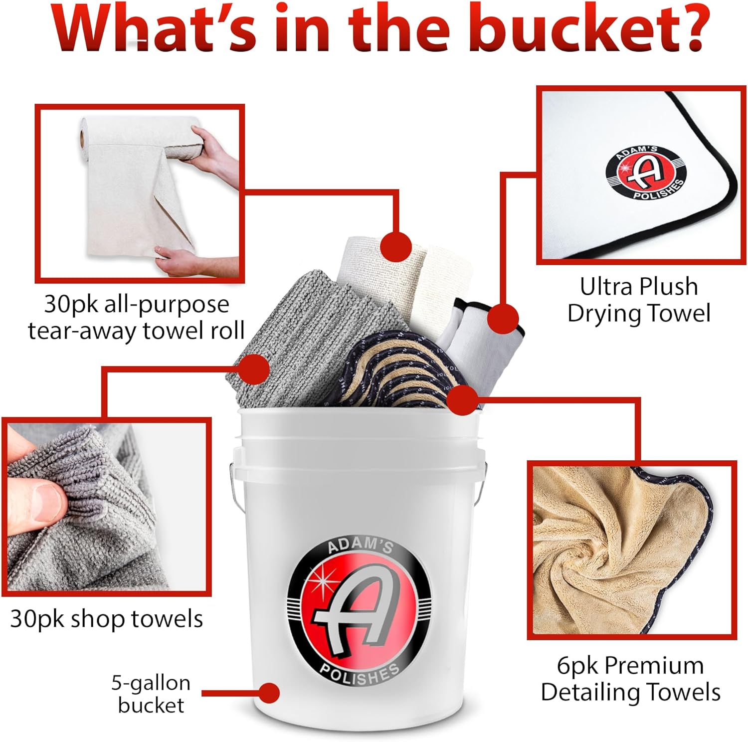 Adam’s Bucket-O-Towels de 5 galones (67 unidades) – Cubo variado para detalles de automóviles de toallas de microfibra de primera calidad para