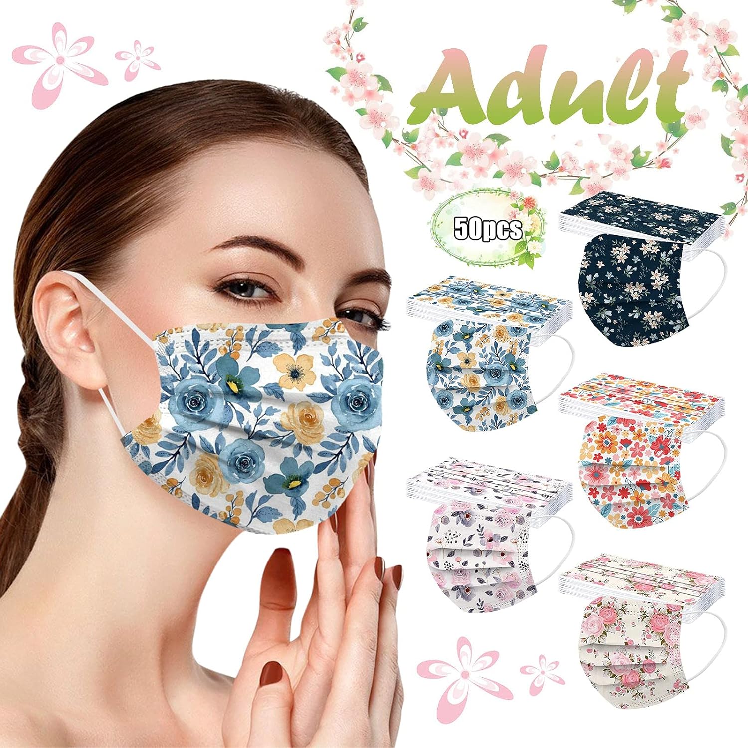 50 cubrebocas desechables con estampado floral de primavera con diseño para mujer, patrón de flores de 3 capas de protección con alambre para la