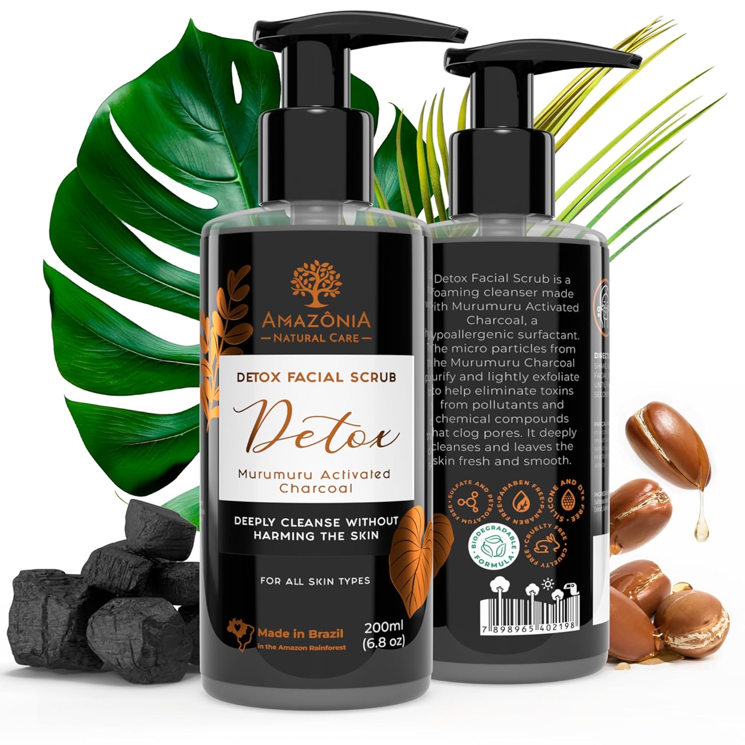 All Natural Exfoliating Face Wash para mujeres y hombres, paquete de 2 exfoliantes faciales de desintoxicación  exfoliante facial activado carbón