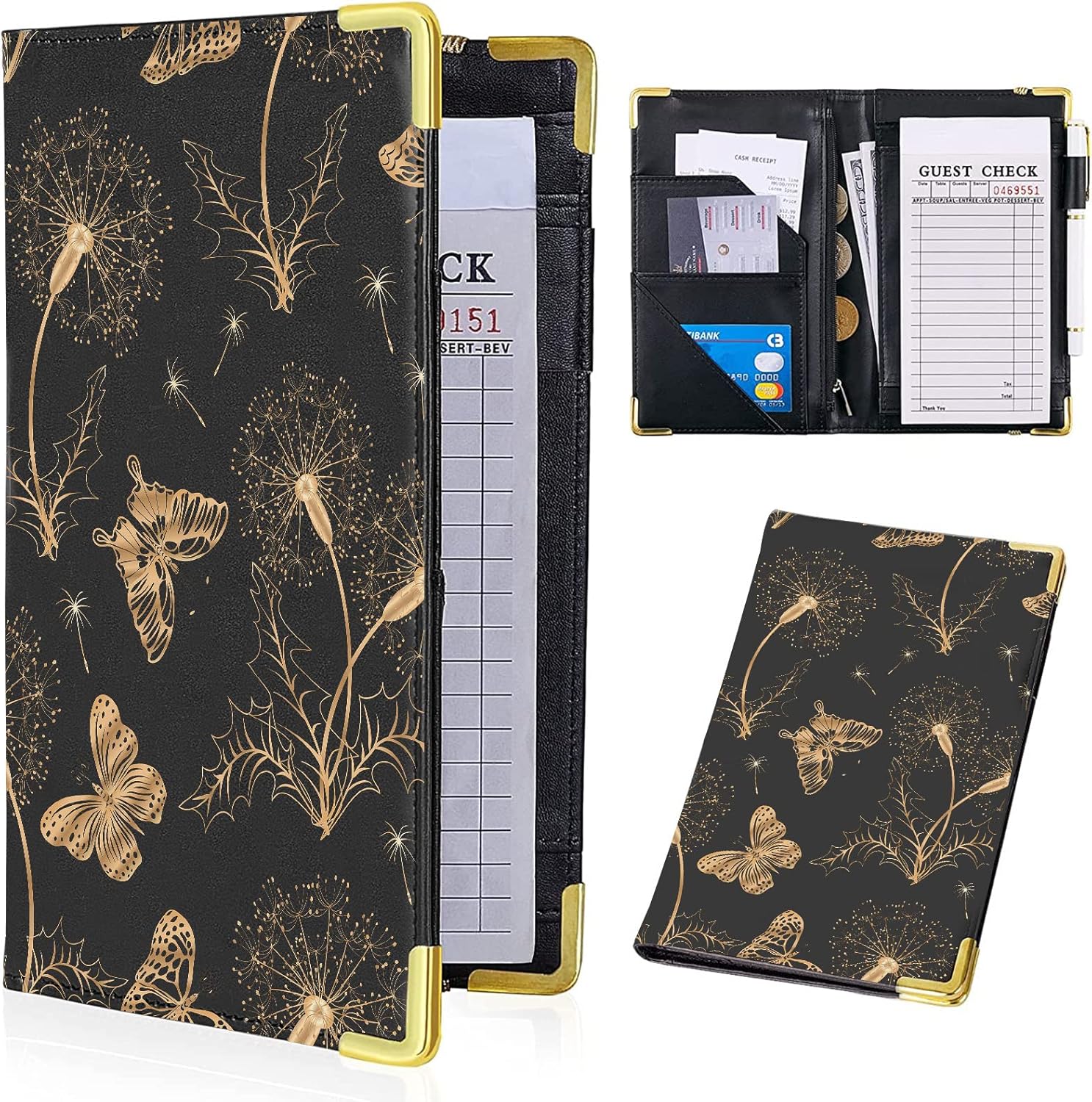Organizador de libros de servidor de mariposas con bolsillo con cremallera de dientes de león, libros de servidores de cuero de primera calidad para