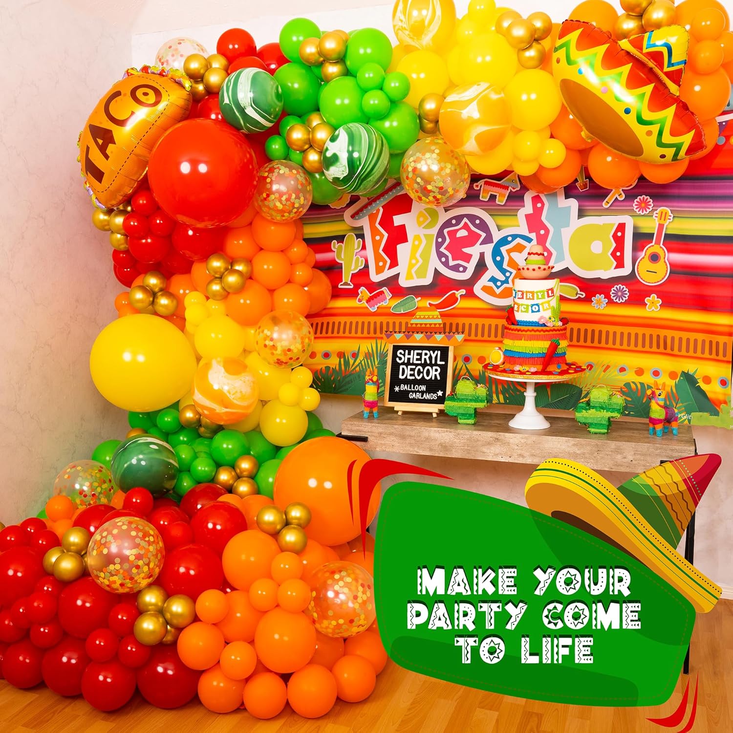 Kit de arco de globos de fiesta mexicana todo en 1 y guirnalda con tacos adicionales, globos de fiesta pequeños y grandes, rojo, amarillo, naranja,