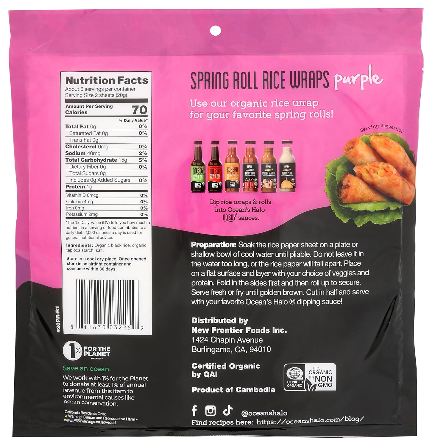 OCEANS HALO – Rollo de primavera orgánico de arroz morado, 4.2 onzas