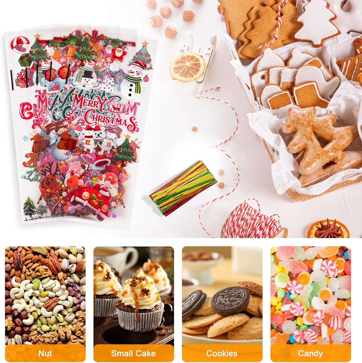 JMANNI 120 bolsas de celofán de Navidad, bolsas transparentes de celofán de Navidad, bolsas de dulces dulces de celofán de Navidad, bolsas de fiesta