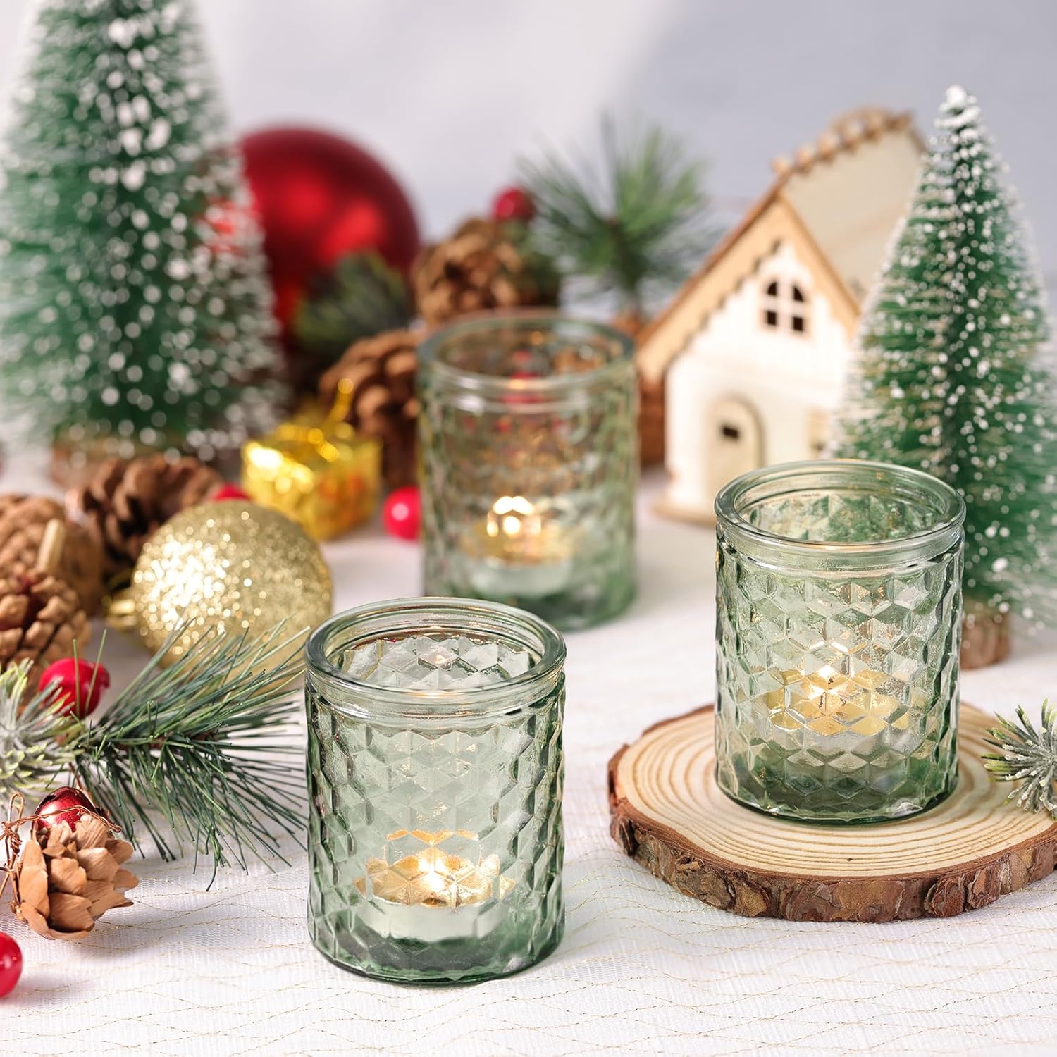12 portavelas votivas verdes, candelabros de cristal para decoración del hogar, suministros de fiesta y decoración navideña