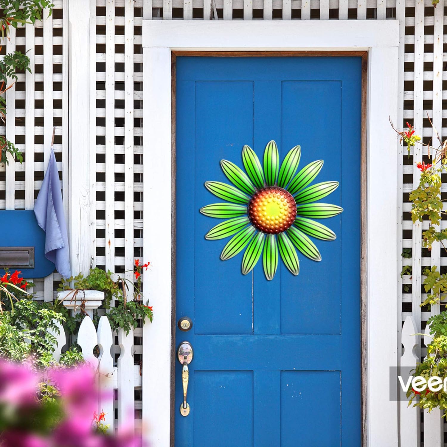 Decoración de pared de girasol de verano de metal, coronas de escultura de girasol retro para puerta delantera, jardín, decoración colgante para