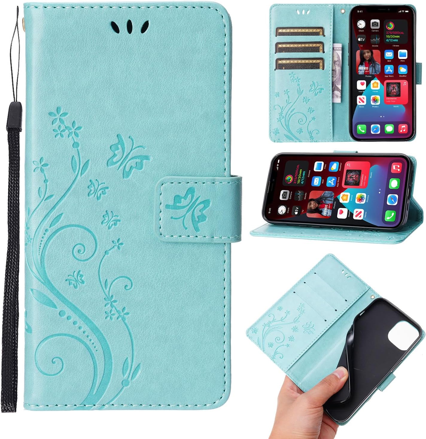 Funda tipo cartera compatible con iPhone 15 Pro, funda tipo cartera de piel sintética, funda de silicona con estampado floral de mariposa en