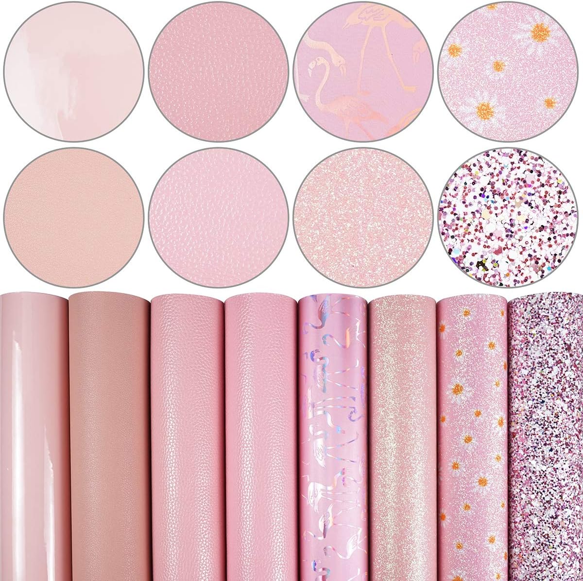 8 hojas de cuero sintético de 8 x 12 pulgadas, color rosa claro, margaritas finas y gruesas, patente metálica, Litchi, tela de cuero holográfica de
