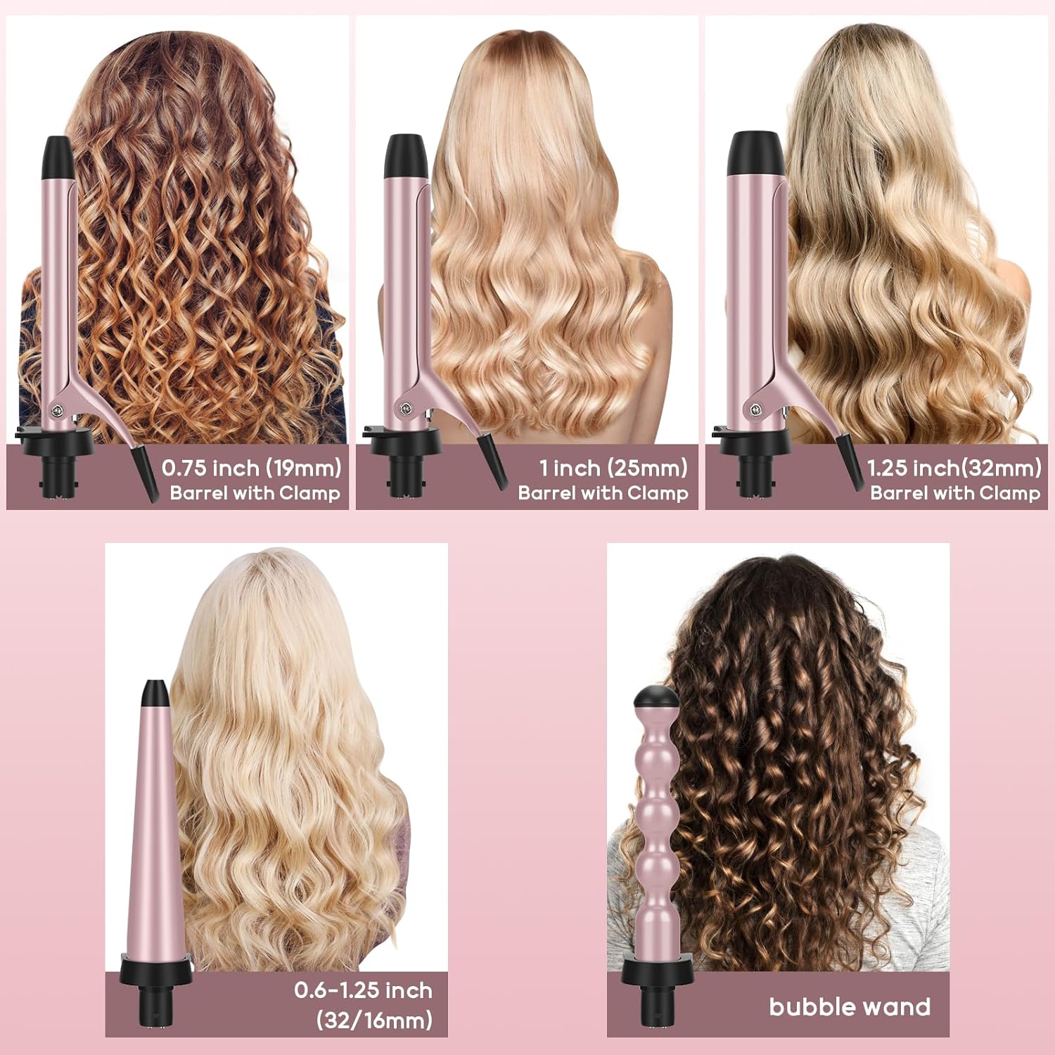 Prizm Juego de rizadores con abrazadera, 5 varillas rizadoras intercambiables, varita para el cabello 11 LCD de temperatura ajustable, 0.6 a 1.25