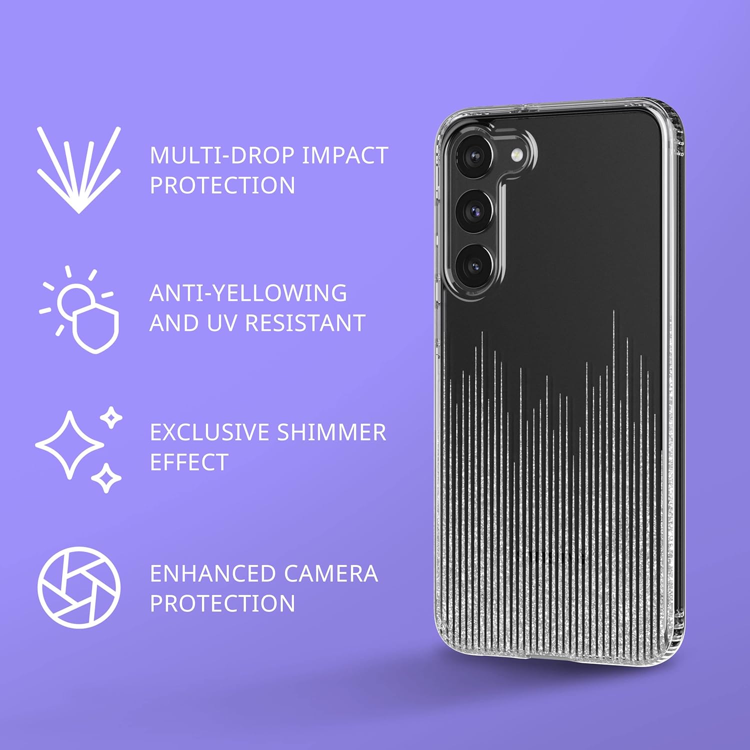 tech21 Evo Sparkle – Funda para Samsung Galaxy S23 Plus, resistente a la lluvia y a los arañazos con protección contra caídas de 12 pies