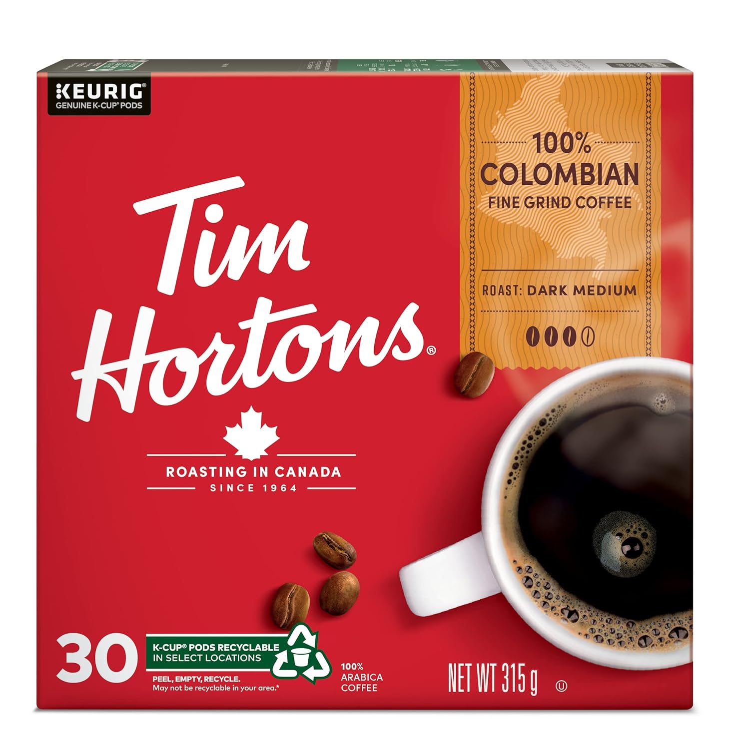 Tim Hortons Café colombiano, cápsulas Keurig K-Cup de una sola porción, tostado medio oscuro, 30 unidades Importado de Canadá