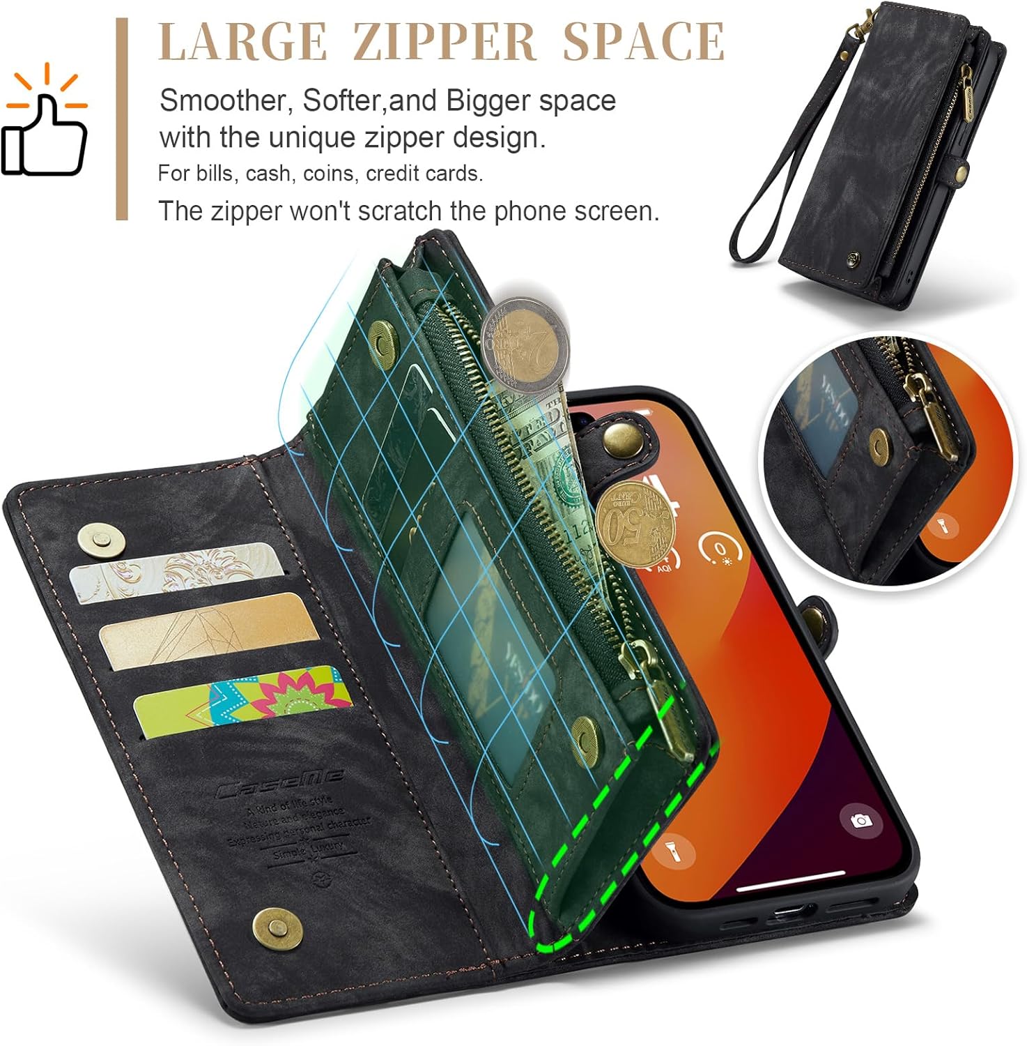 Kowauri Funda tipo cartera para iPhone 15 Pro Max, cartera de piel con cremallera, cartera de piel con tarjetero y correa para la muñeca,
