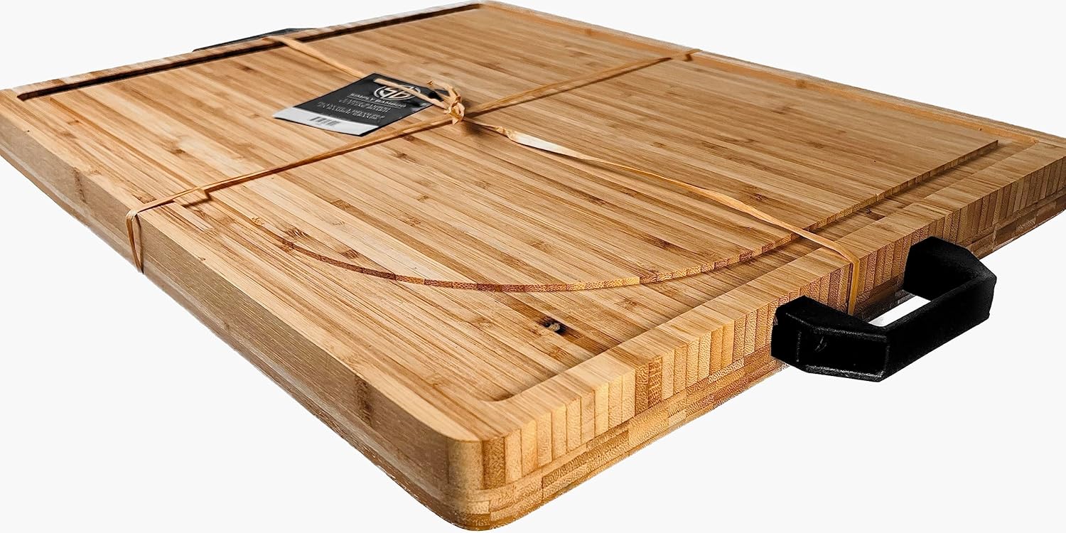 Tabla de cortar de bambú orgánico extragrande con asas de aluminio negro, tabla de cortar de madera reversible, tabla de tallar de bambú para carne