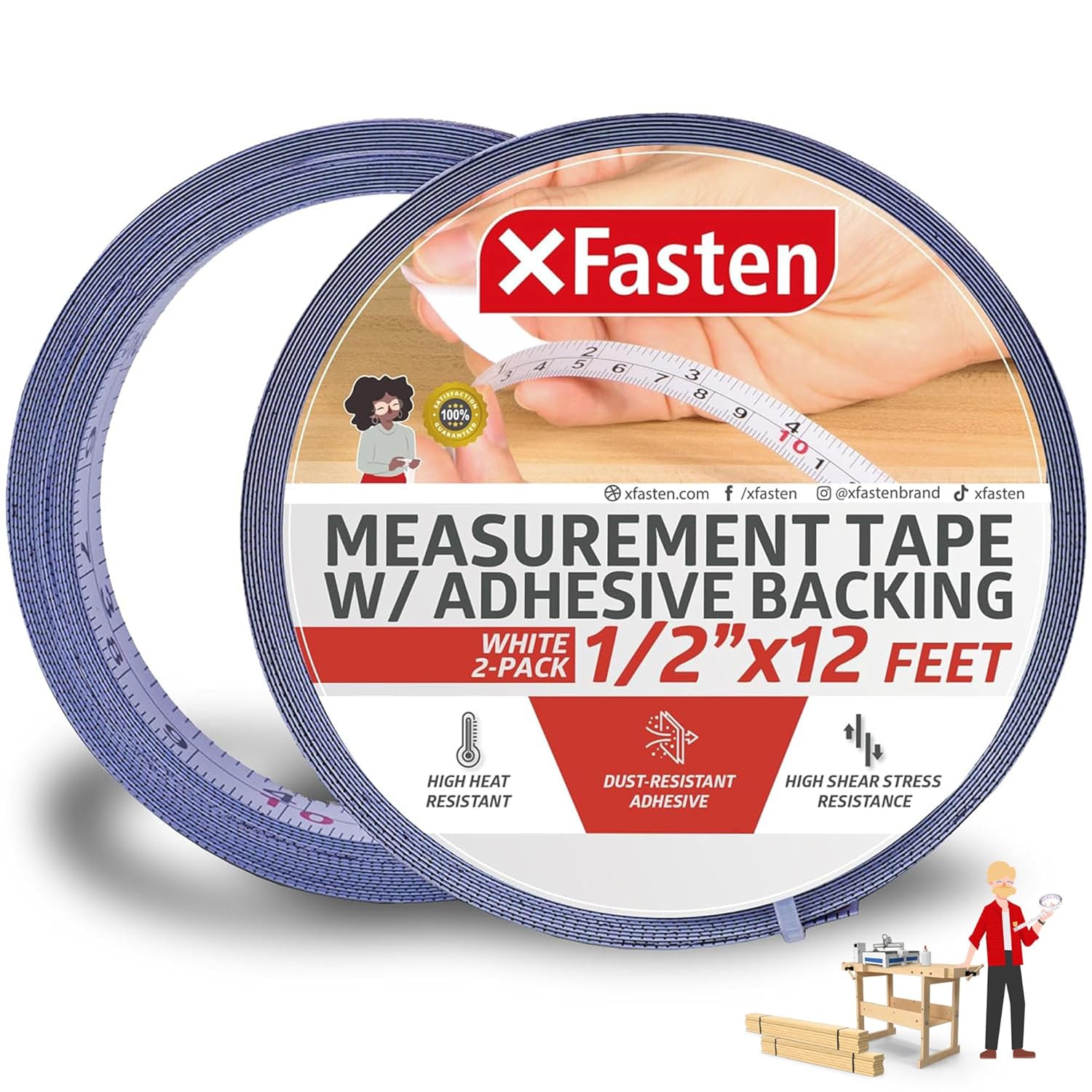 XFasten Cinta métrica con parte trasera adhesiva, 0.5 pulgadas x 12 pies (paquete de 2) Cinta métrica de izquierda a derecha para banco de trabajo,