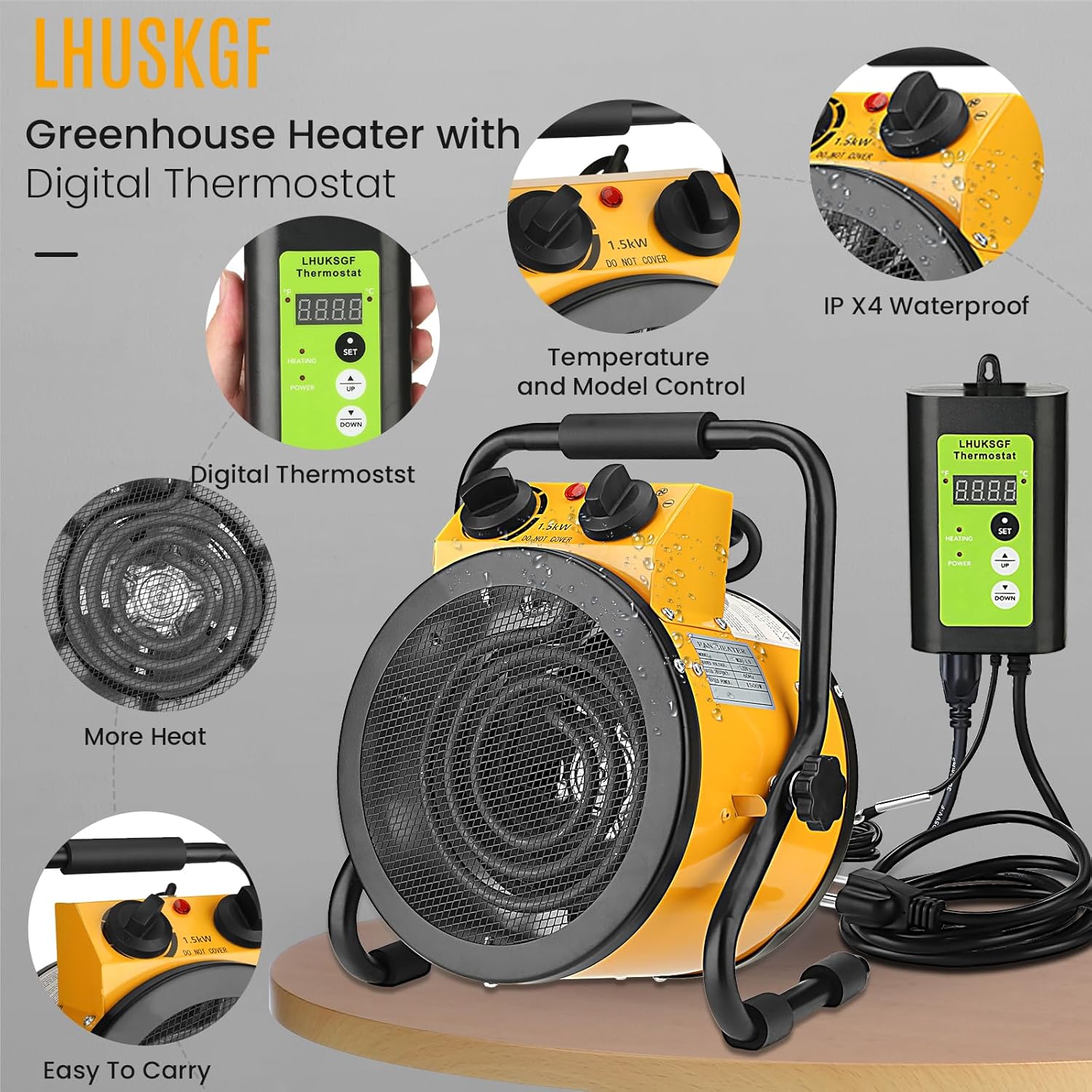 Greenhouse Heater with Digtal Thermostat, Grow Tent Heaters, Overheat Protection, Fast Heating for Green House, Flower Room, BK