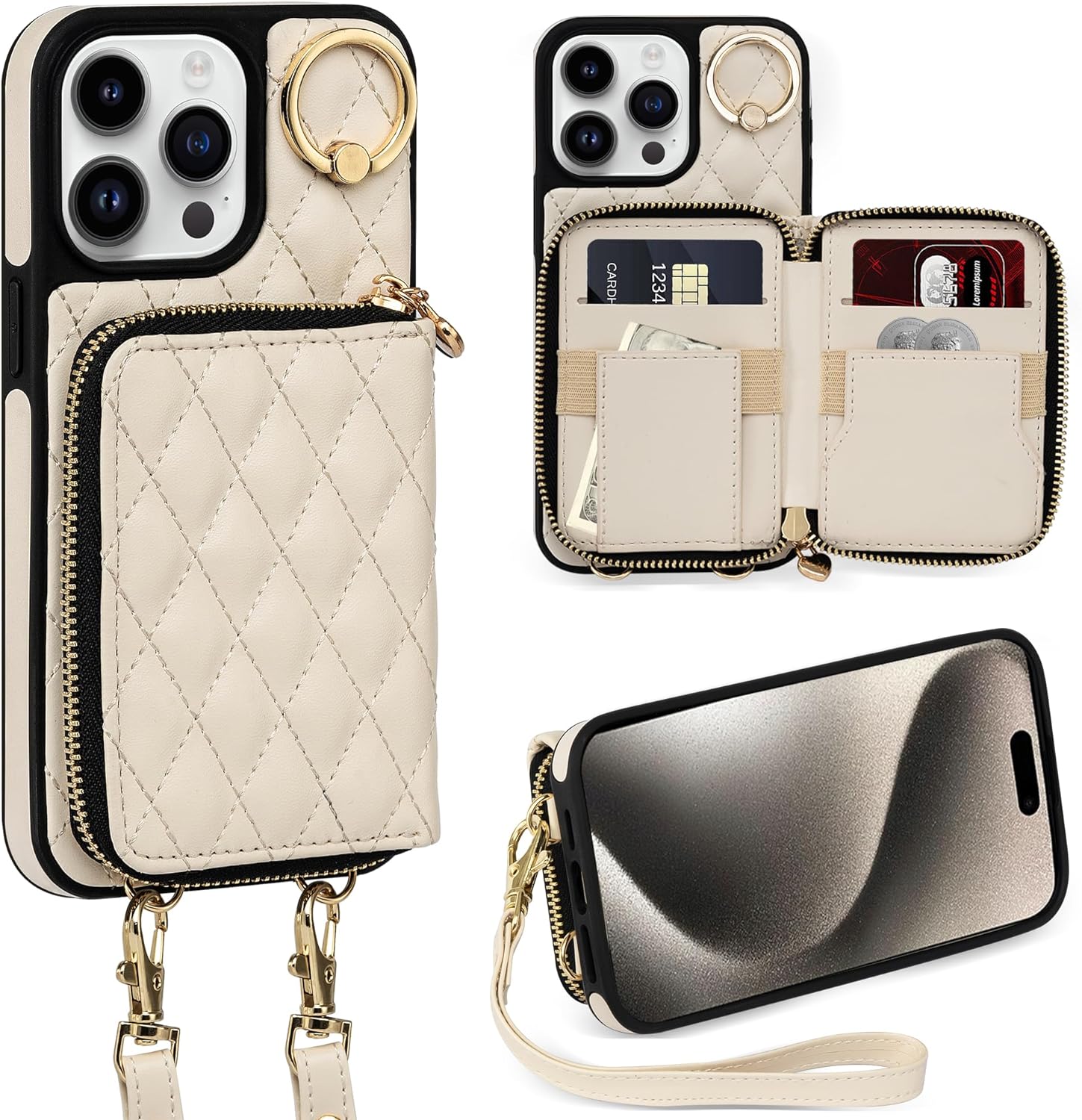 Keallce Funda para iPhone 14 Pro Max de 6.7 pulgadas, cartera cruzada con cremallera para mujer, tarjetero con bloqueo RFID, soporte de cuero con