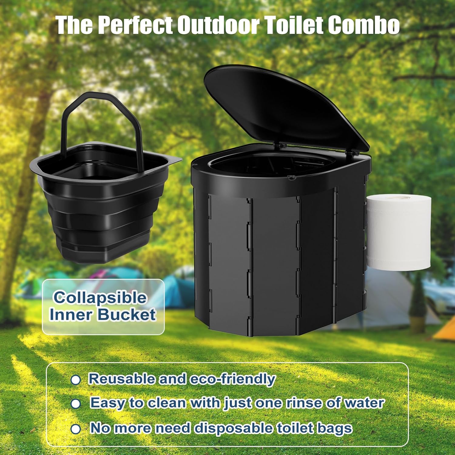 Portable Camping Toilet for Adults with Reusable Collapsible Liner for Camping, Hiking, Fishing, Long Road Trips, Outdoor Activities
