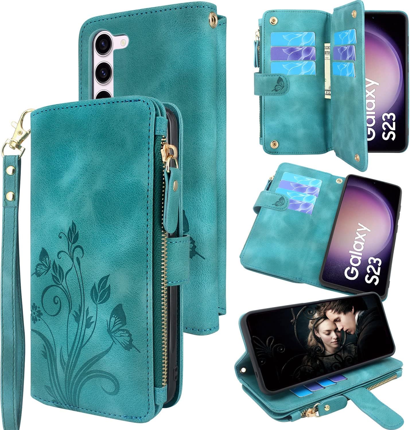Lacass Funda de piel con cierre para Samsung Galaxy S23 5G de 6.1 pulgadas (6.1 pulgadas, azul y verde)