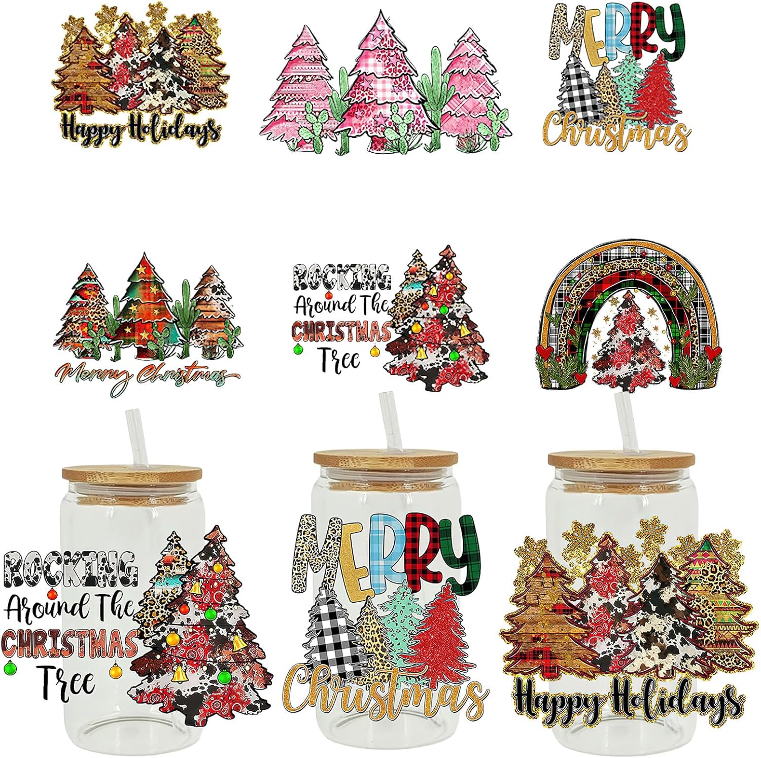 AUOCATTAIL Adhesivos de transferencia de Navidad 3D UV DTF, 6 hojas de árbol de Navidad, corona de Navidad, calcomanías de transferencia de copa de