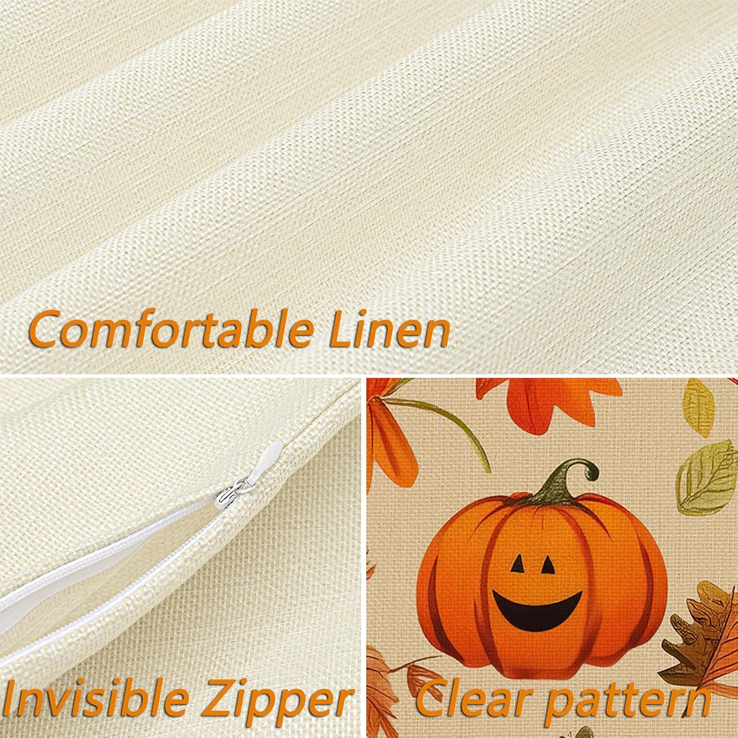 ARTHMOM Juego de 4 fundas de almohada de otoño de 18 x 18 pulgadas para decoración de otoño, diseño de calabaza con texto en inglés Happy Autumn