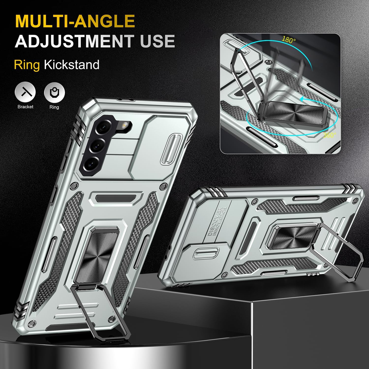 Funda para Samsung Galaxy S21 Plus S21+ Plus con cubierta deslizante para cámara con anillo de soporte de grado militar a prueba de golpes para