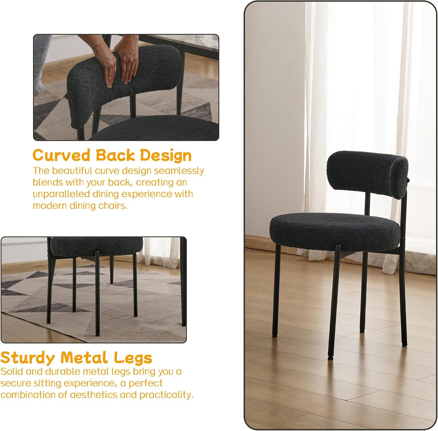 EDWELL Sillas de comedor, juego de 2 sillas de comedor negras, sillas de cocina modernas de mediados de siglo con patas de metal, sillas redondas