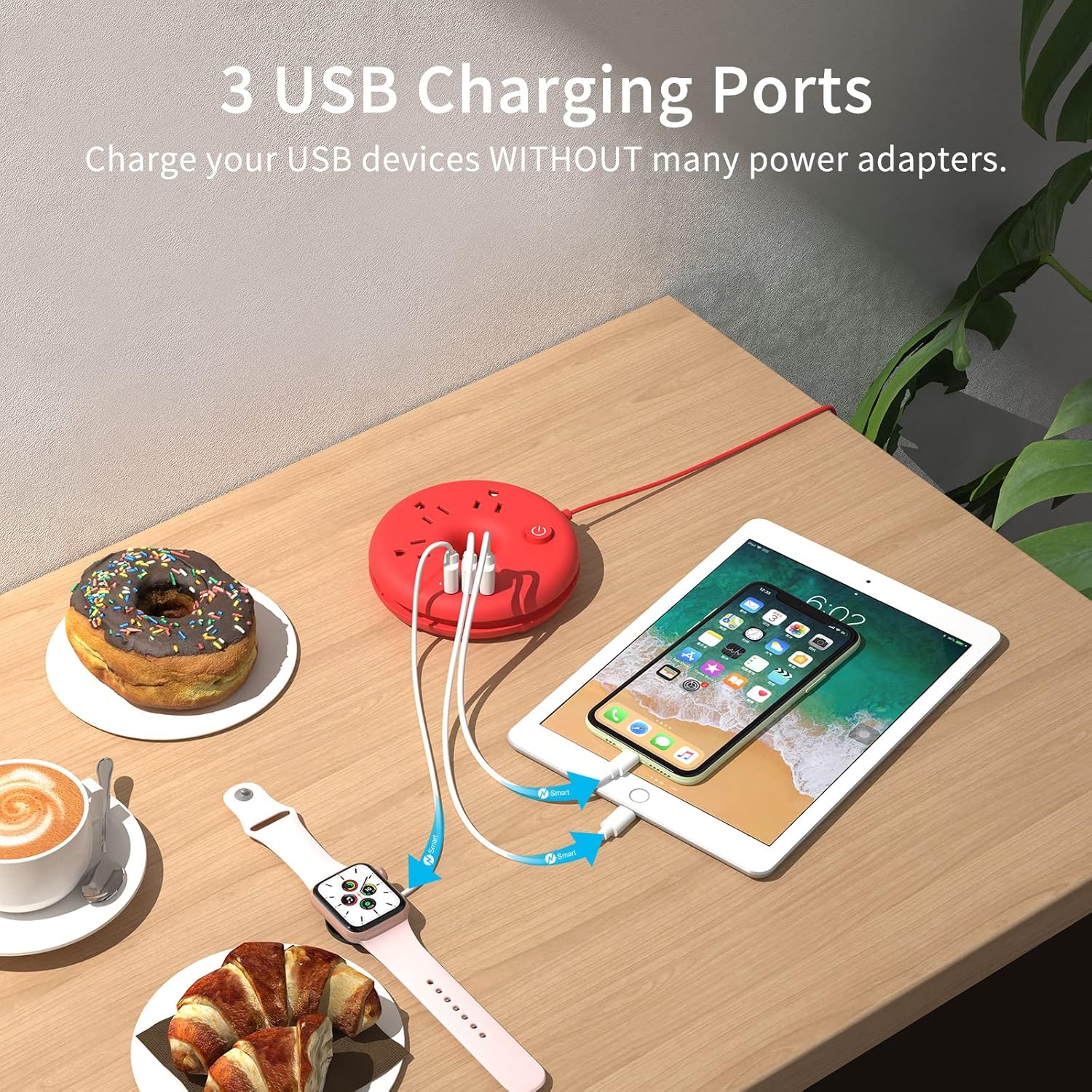 NTONPOWER – Regleta de alimentación de viaje con puertos USB, cable de extensión de viaje de 5 pies con 3 tomacorrientes, 3 USB, estación de carga