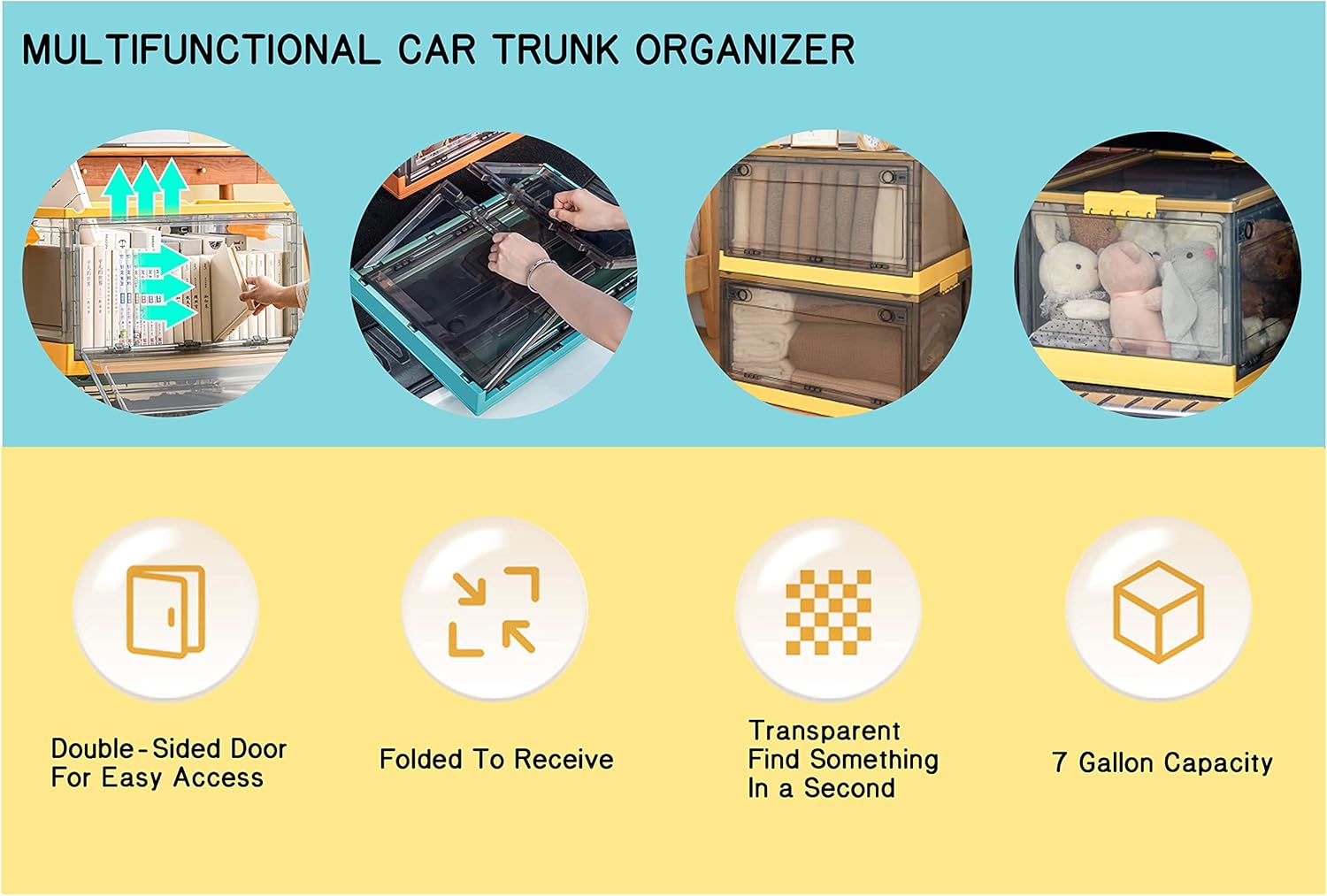 Organizador de maletero de automóvil mejorado de tamaño pequeño con tapa, organizador apilable de tres lados para automóvil, organizador de maletero