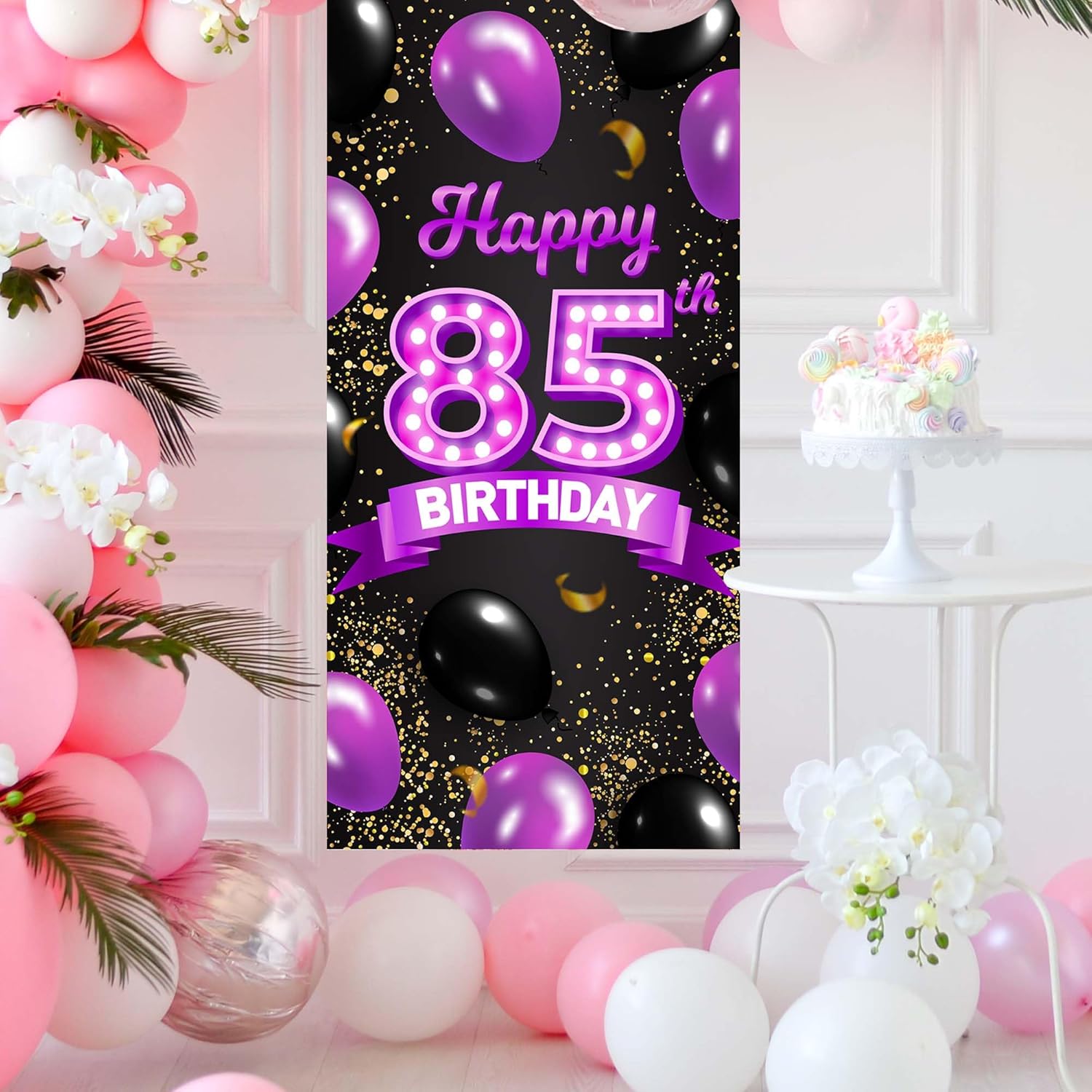Cartel de feliz cumpleaños 85 morado y negro, decoración temática de globos de confeti de 85 años para mujeres, decoraciones de fiesta de cumpleaños