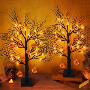 Paquete de 2 árboles negros de Halloween de 24 pulgadas con temporizador, árbol de mesa iluminado con pilas de 24 luces LED con 12 luces naranja Paquete de 2 árboles negros de Halloween de 24 pulgadas con temporizador, árbol de mesa iluminado con pilas de 24 luces LED con 12 luces naranja