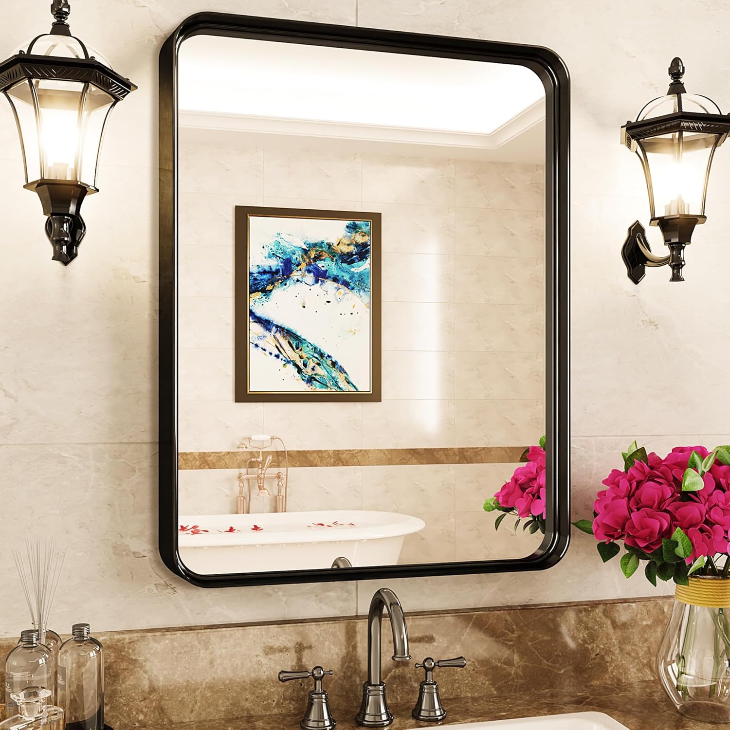 Bl2ack Met3332al Frame23r – Espejo de pared para baño, marco de metal negro 2, decorativo