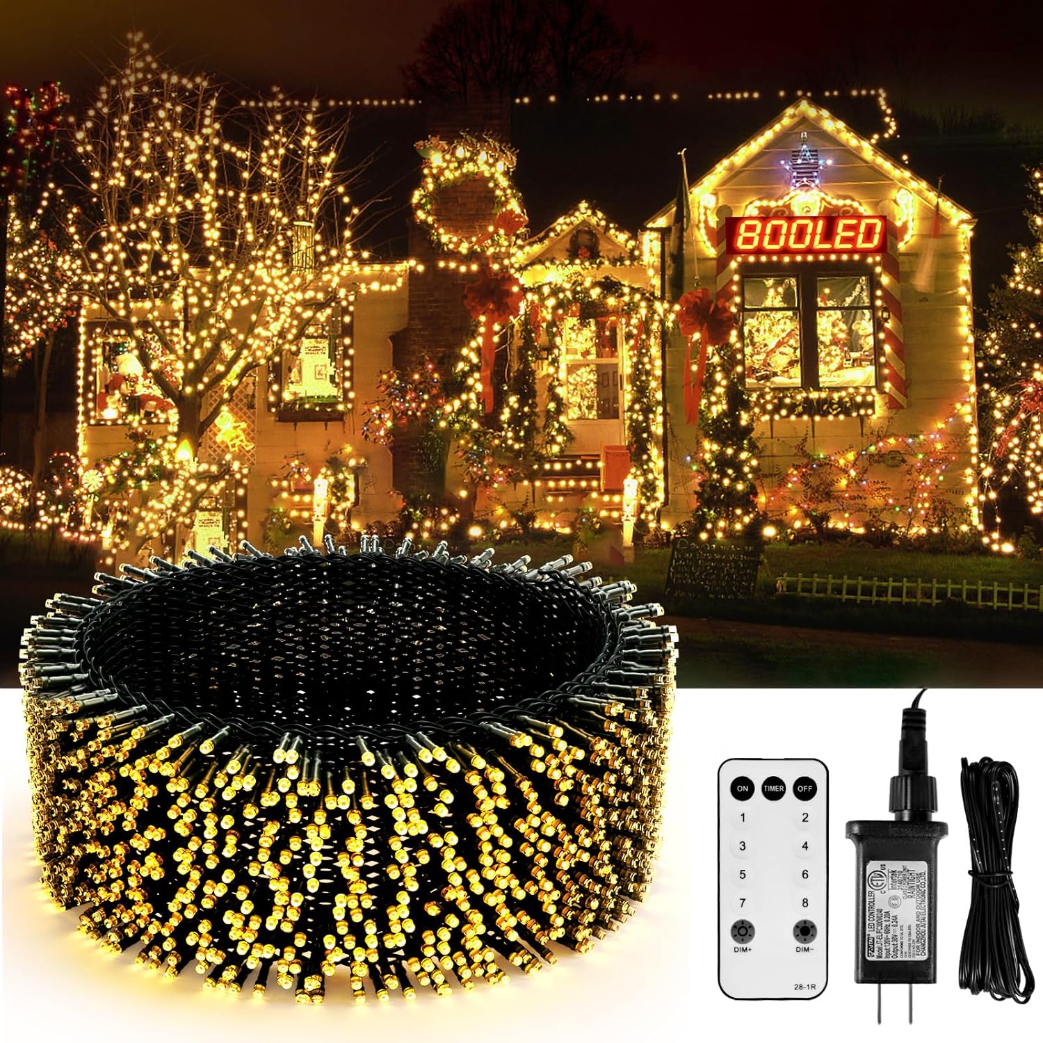 Guirnalda de luces de Navidad para exteriores, 328 pies, 800 luces LED para árbol de Navidad con 8 modos y temporizador, control remoto RF,