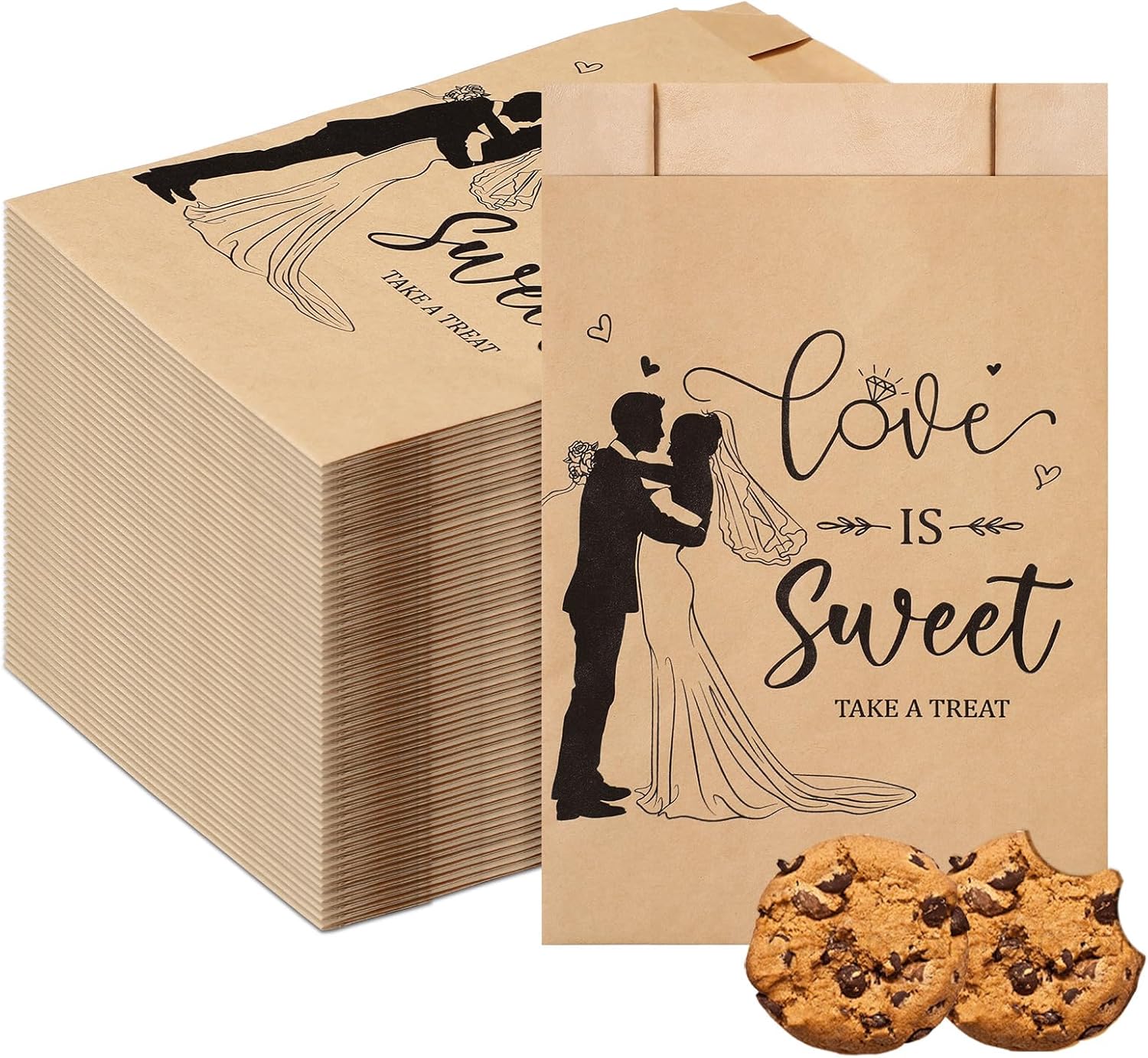 200 bolsas de regalo de boda a granel de papel kraft a prueba de aceite para fiestas, bolsas de galletas Love Is Sweet Take a Treat para bodas,