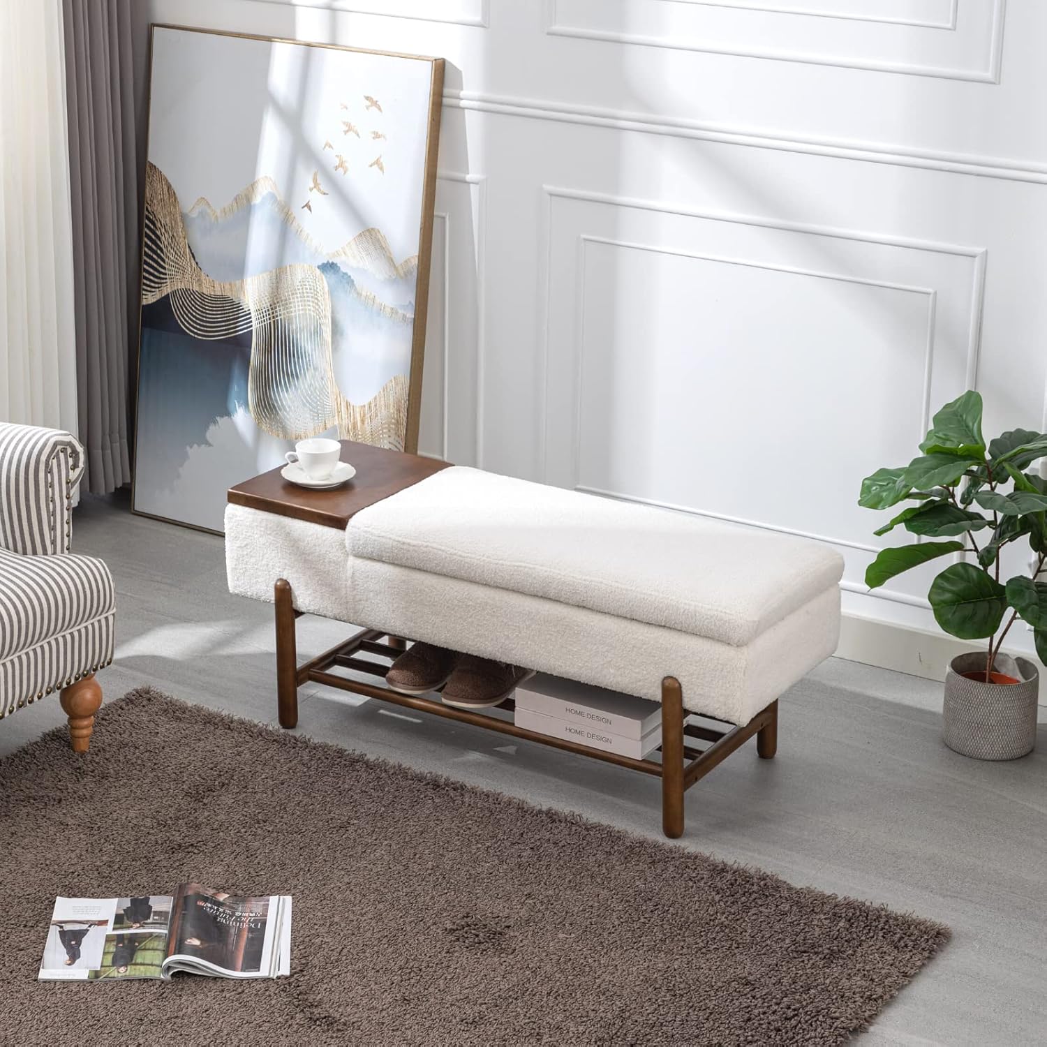 ROCITY Banco de sherpa beige para dormitorio, extremo de la cama, banco otomano de almacenamiento tapizado, banco de almacenamiento moderno con