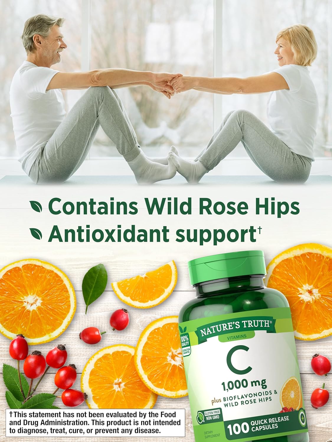 Vitamina C de 1000 mg  100 cápsulas  con rosa silvestre HIPS y bioflavonoides  Suplemento sin OMG y sin gluten  por Nature’s Truth