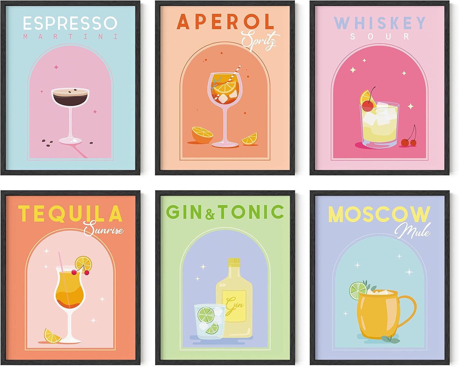 HAUS AND HUES Póster de alcohol en colores pastel daneses, juego de 6 pósteres estéticos de cóctel, fotos preparadas para pared, pósteres de