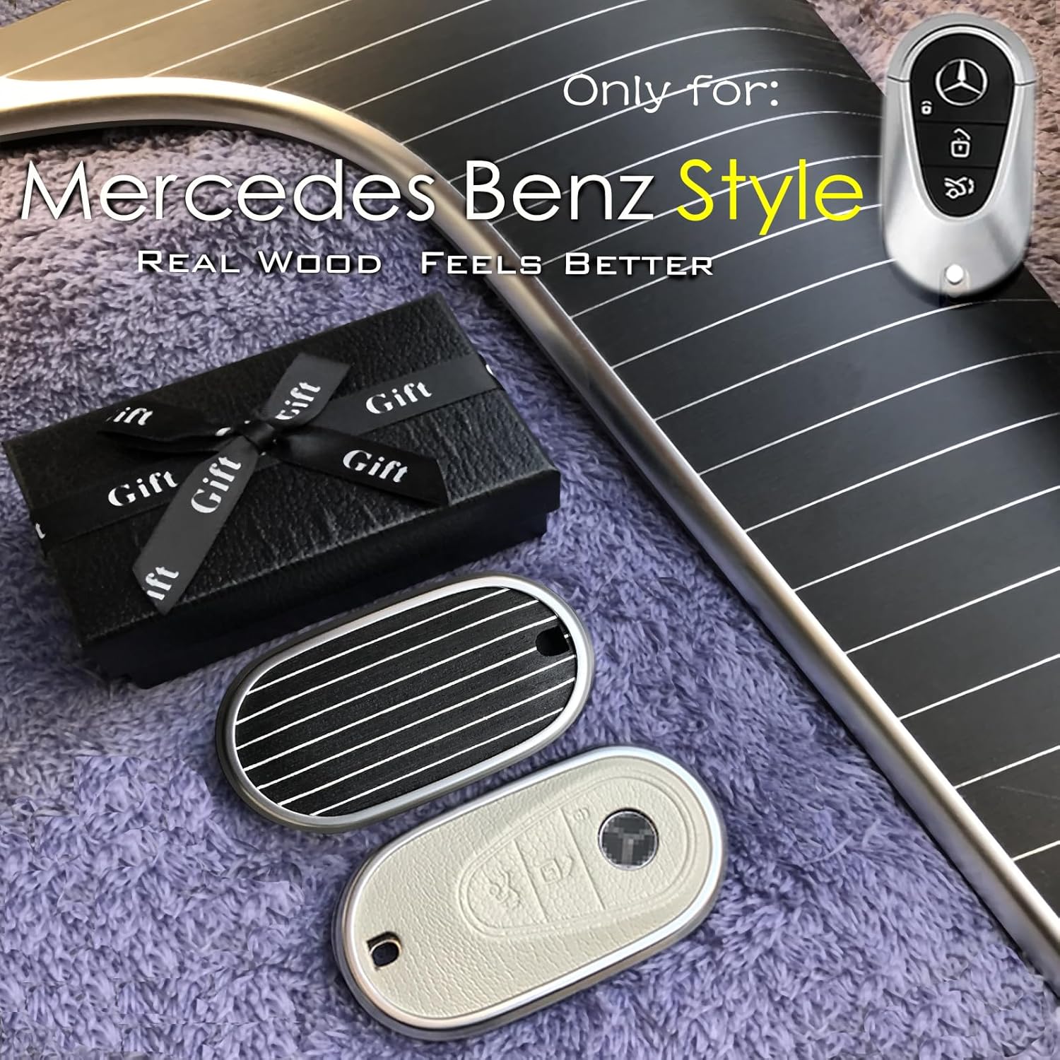 Funda para llave de Mercedes Benz, hecha de chapa de madera real, de cuero auténtico, para llavero compatible con C GLC E S, ect 2022-2023 (roble