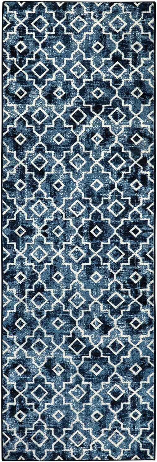 Wonnitar Alfombra marroquí lavable de 2 x 6 pies, color azul, antideslizante, para entrada, alfombra envejecida, moderna, geométrica enrejada, para