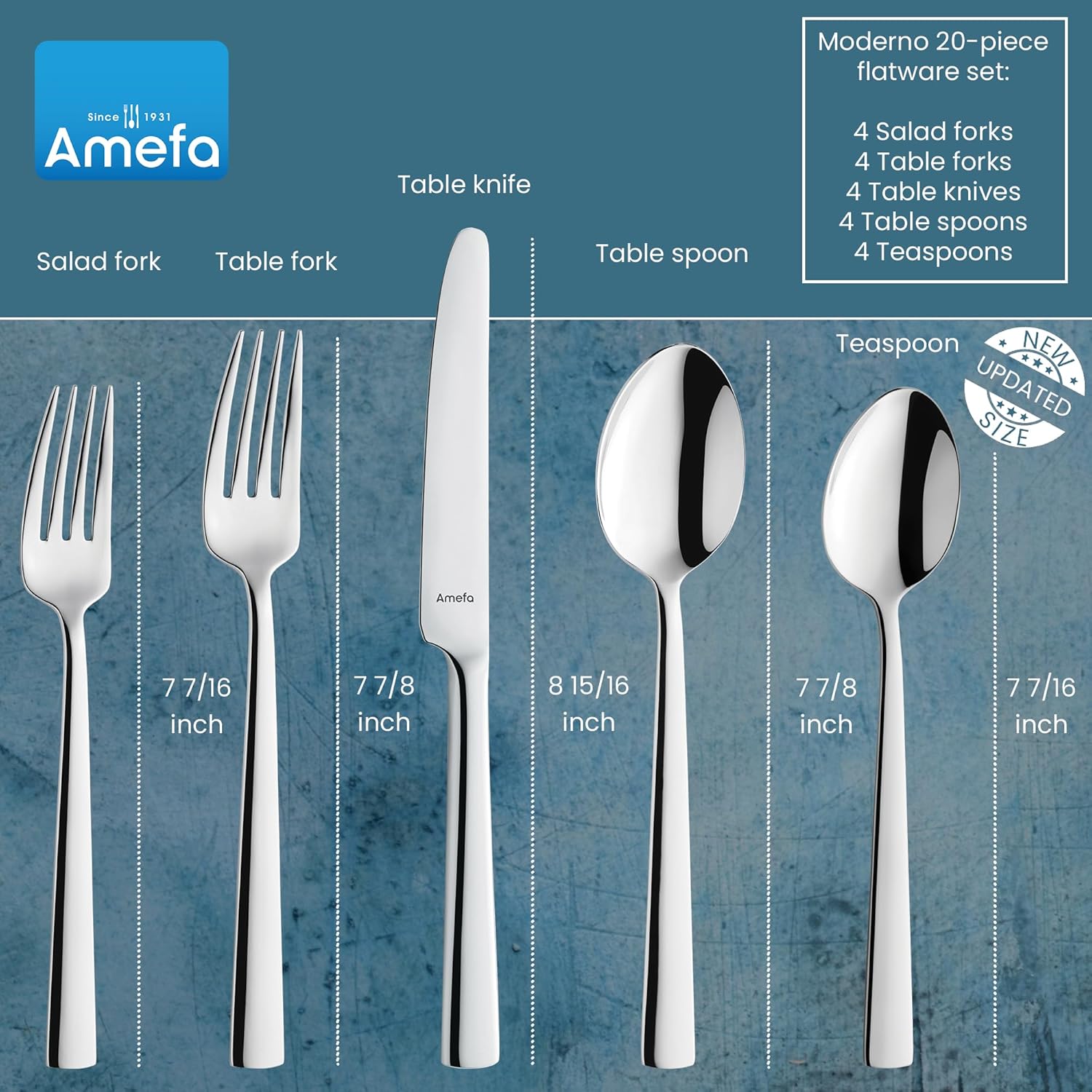 Amefa Moderno juego de cubiertos de acero inoxidable 1810 de 20 piezas, acabado de espejo de alto brillo, juego de cubiertos de servicio para 4,