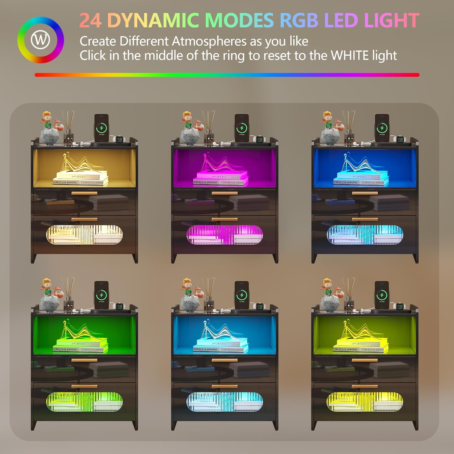 dnbss Mesita de noche RGB con estación de carga, moderna mesita de noche con cajones de almacenamiento de joyas, mesita de noche inteligente para