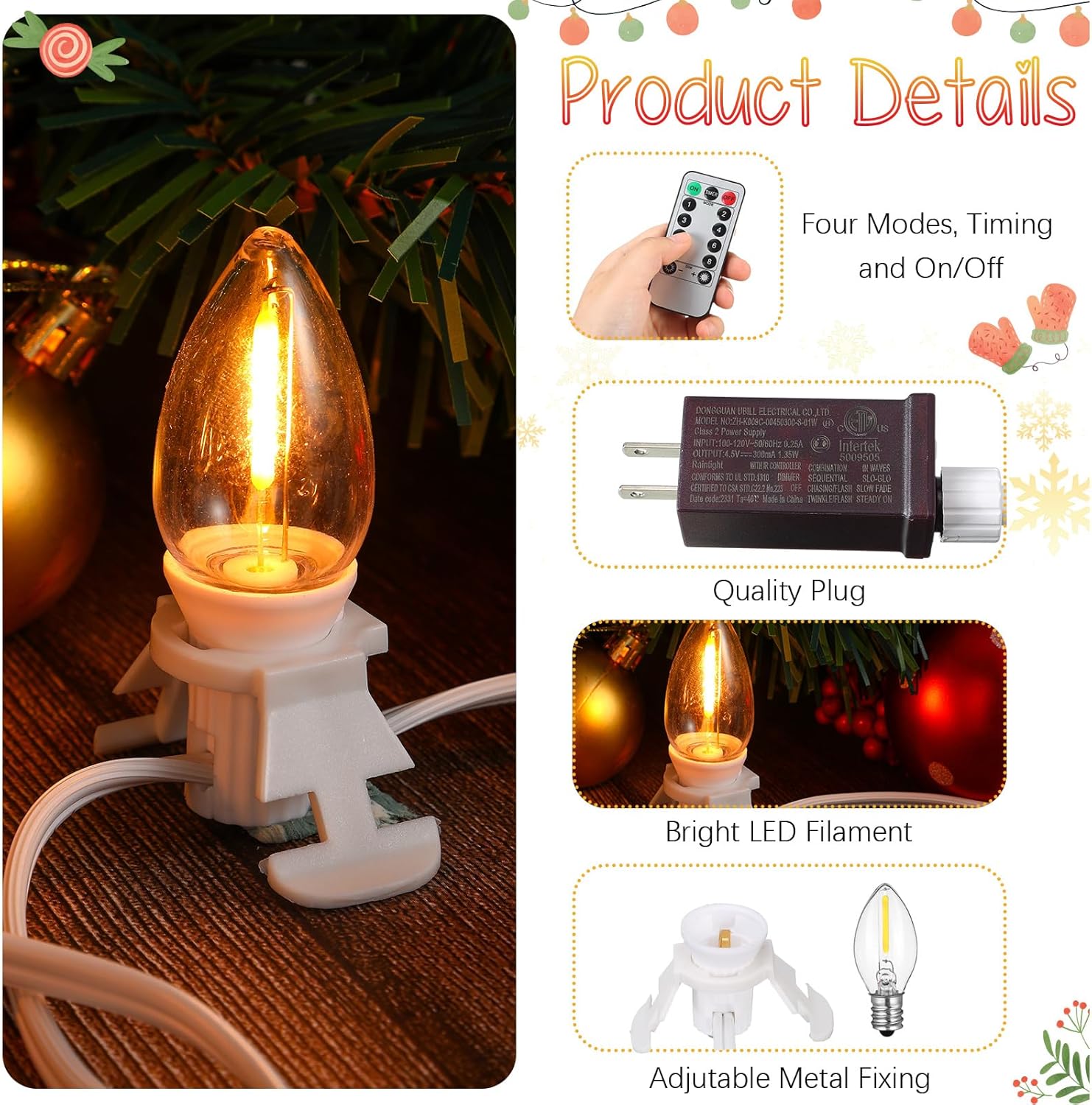 Retisee 2 piezas de cable de accesorios de Navidad con 6 bombillas LED C7 y toma de corriente de 11.48 pies, cable accesorio de luz de pueblo de